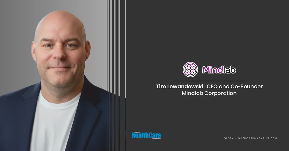 Global Healthcare Magazine cover featuring Tim Lewandowski, Mindlab CEO