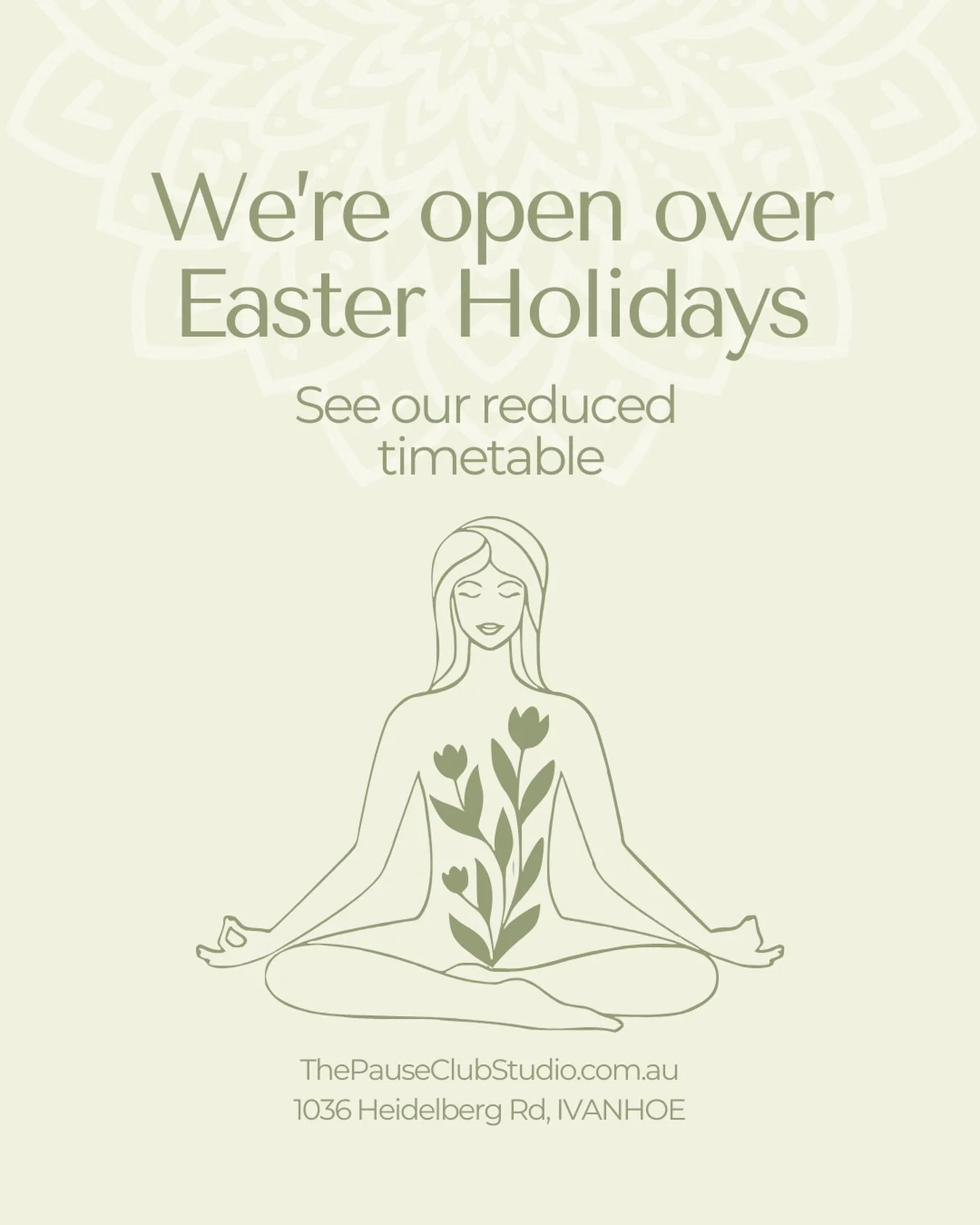 Easter Long Weekend at The Pause Club

We&rsquo;ll be open across the Easter long weekend.

✨ Saturday 4 April (Easter Saturday) &ndash; Classes running as normal
✨ Monday 6 April (Easter Monday) &ndash; All classes running as normal except the 6am c