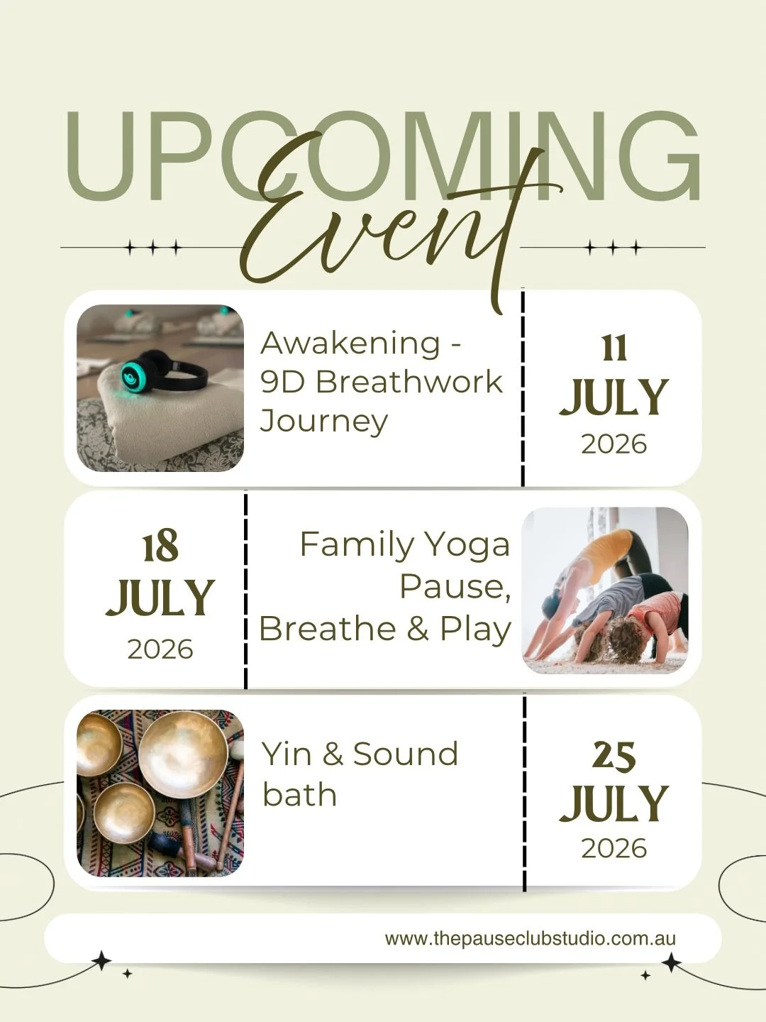 ✨ July at The Pause Club ✨

This July, we&rsquo;re inviting you to pause, breathe, and reconnect through experiences designed to support your body, mind, and nervous system 🤍

🌿 11 July &mdash; Awakening: 9D Breathwork Journey
👨&zwj;👩&zwj;👧&zwj;