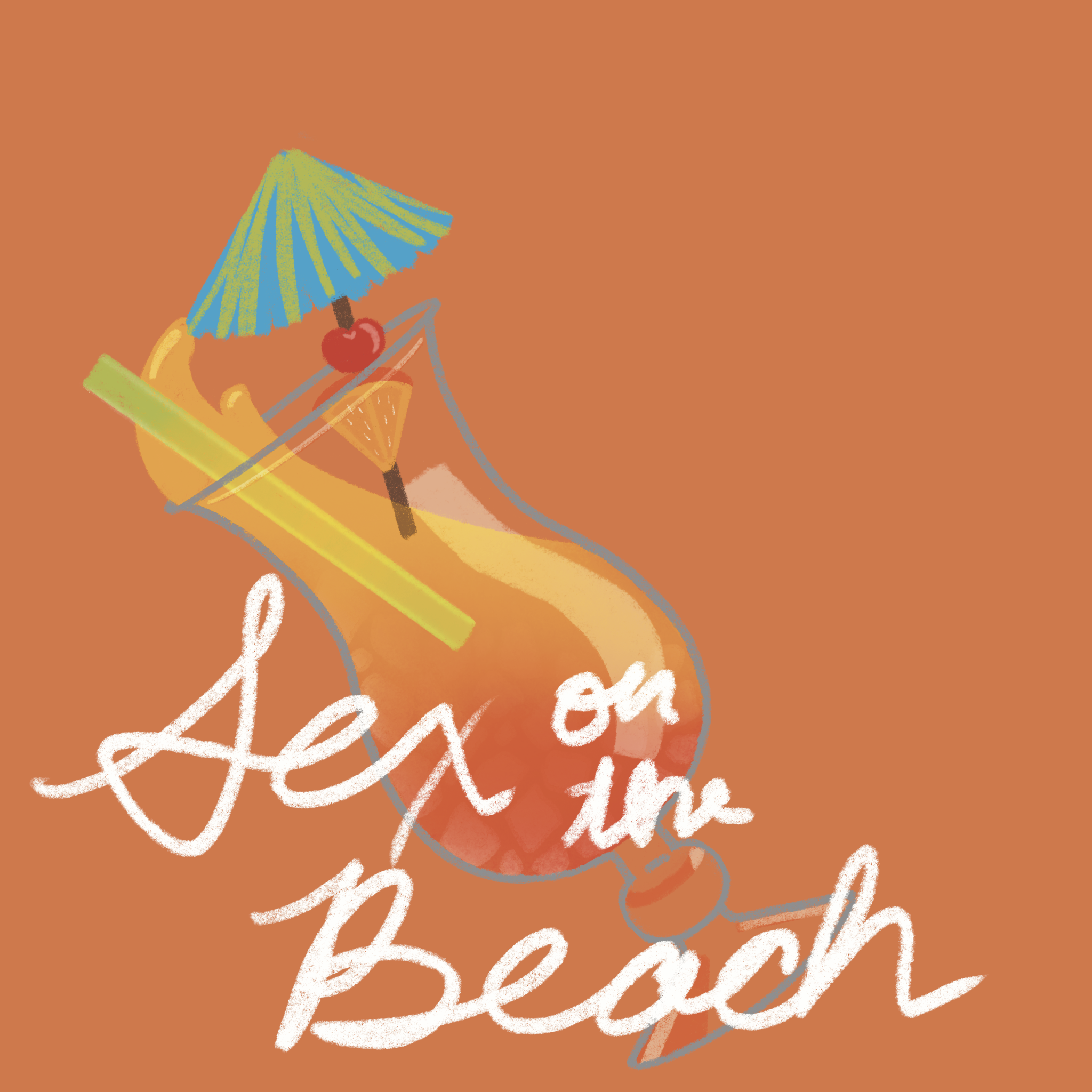 A colorful illustration of a beach-themed cocktail glass with a blue paper umbrella, a cherry, an orange slice, and a yellow straw on an orange background, with the text "S-x on the Beach" written in white script.