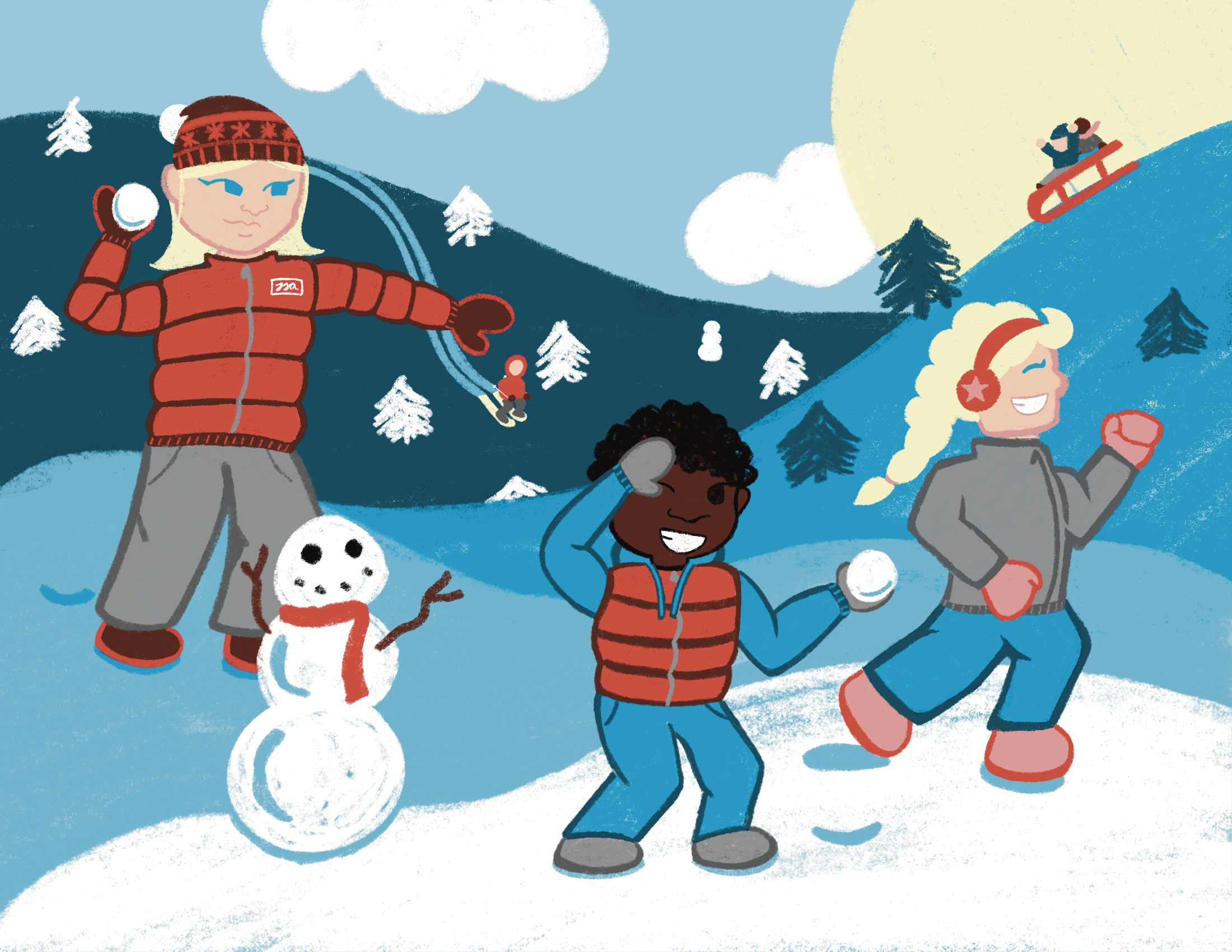 Three siblings, two blonde girls with pale skin and a Black boy with curly hair, are gearing up for a snowball fight next to a snowman while people behind them sled and ski.