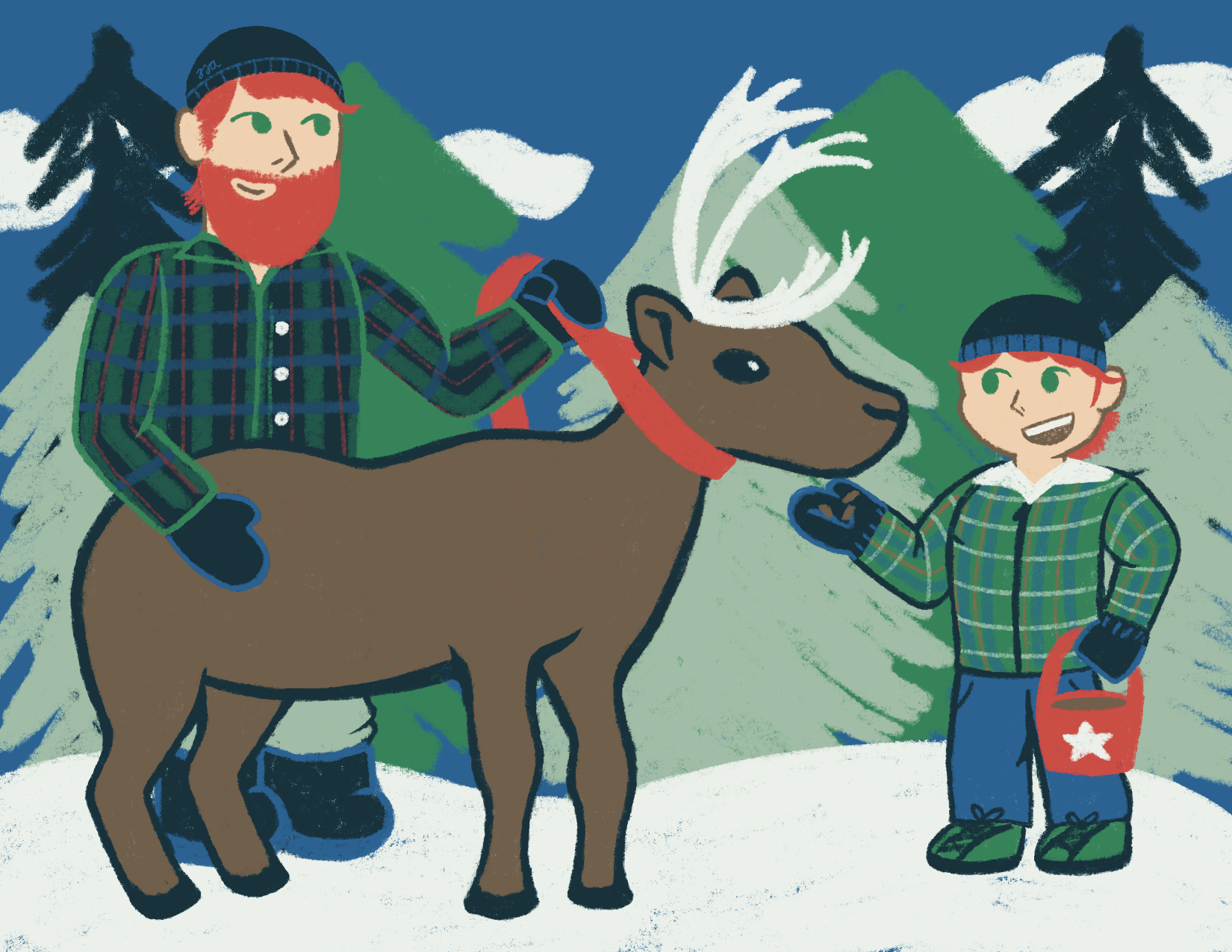 In a snowy forest with pine trees, a red-haired father and son in plaid winter clothing, the father standing behind a reindeer, holding it by a red leash while the son feeds the animal from his hand.