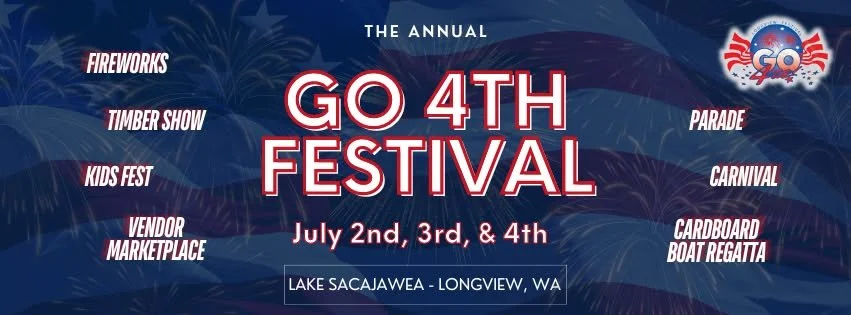 Poster for the GO 4TH Festival in Lake Sacaiawa, Longview, WA, with fireworks, parade, carnival, kids fest, timber show, vendor marketplace, cardboard boat regatta, and mention of July 2nd to 4th.