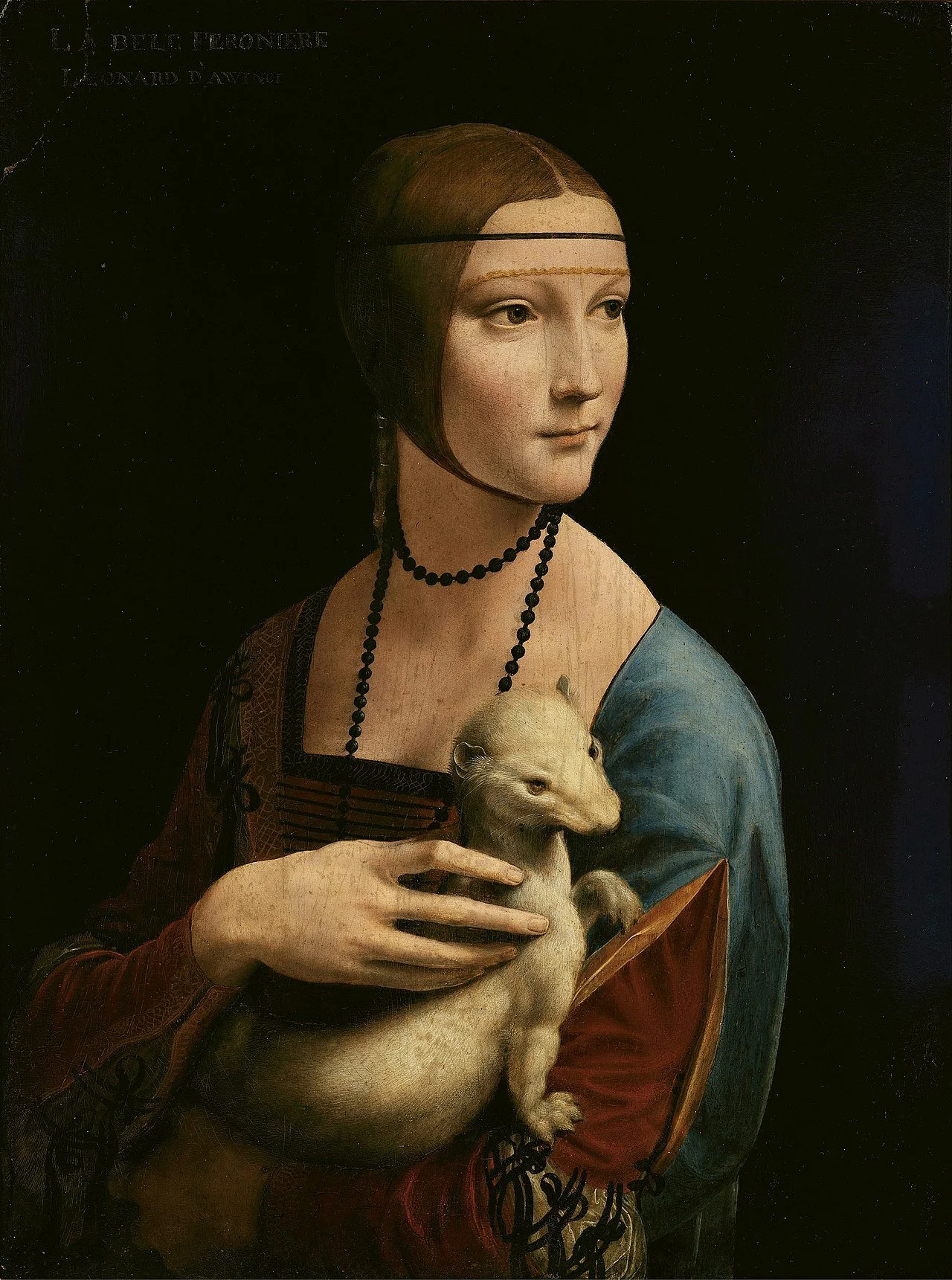 A Renaissance-style painting of a woman with a short brown bob haircut, wearing a pearl necklace and holding a small ferret. She is dressed in a blue and red garment, set against a black background.