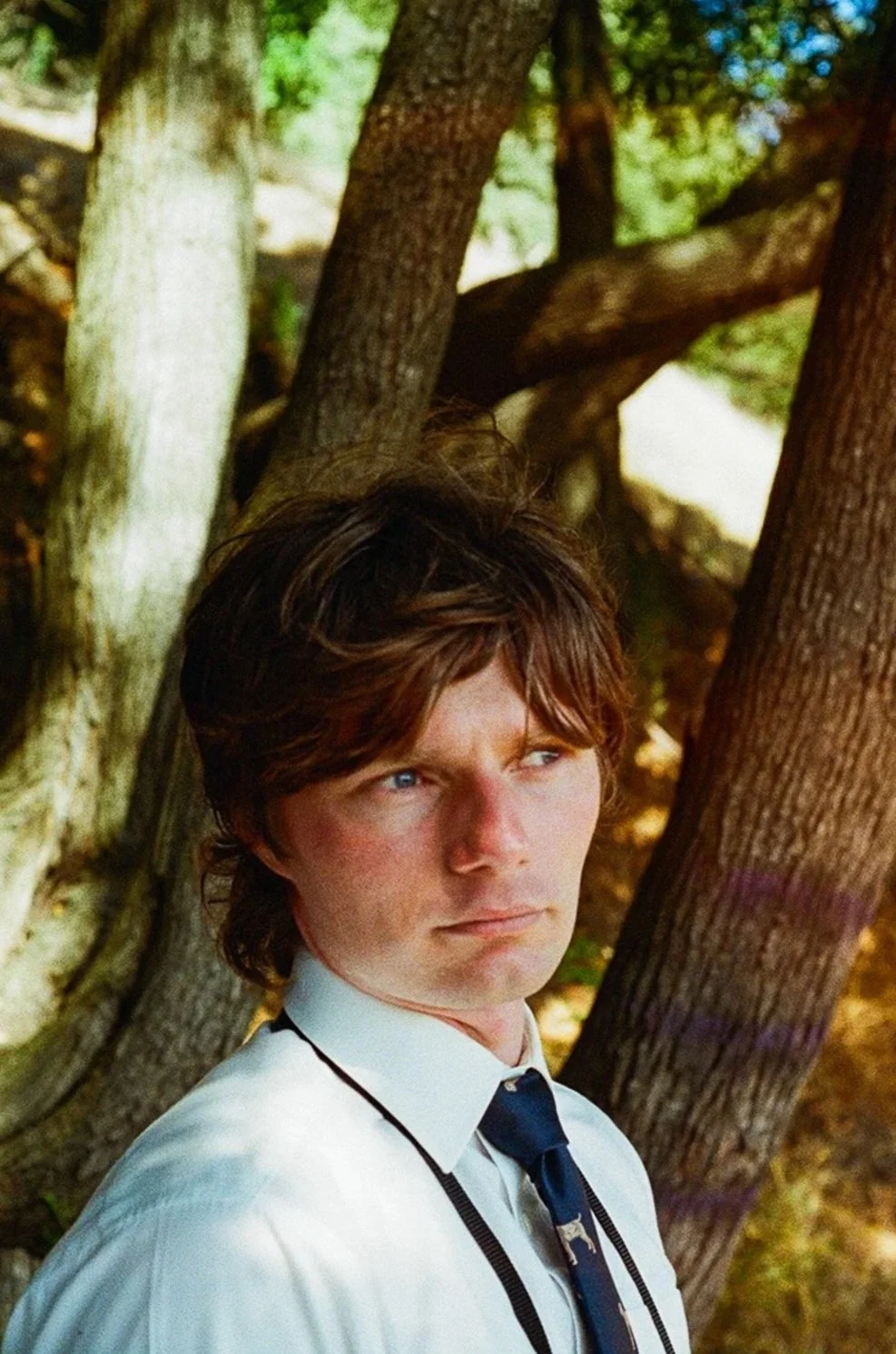 A young man with brown hair and blue eyes wearing a white shirt and navy tie, standing outdoors in front of trees with sunlight filtering through.