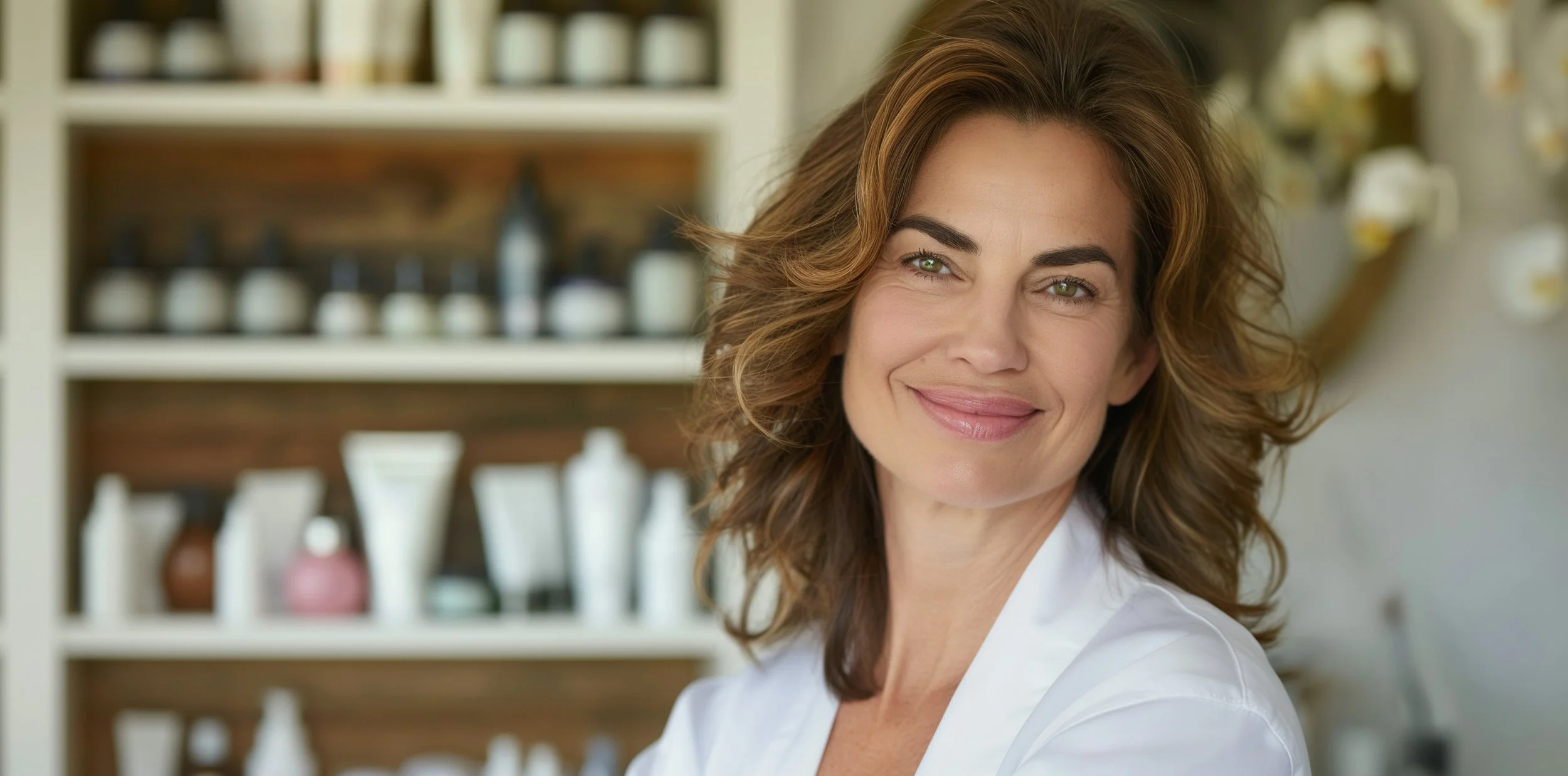 A woman with shoulder-length wavy brown hair and green eyes, smiling and looking at the camera, in a room with shelves of skincare products in the background.