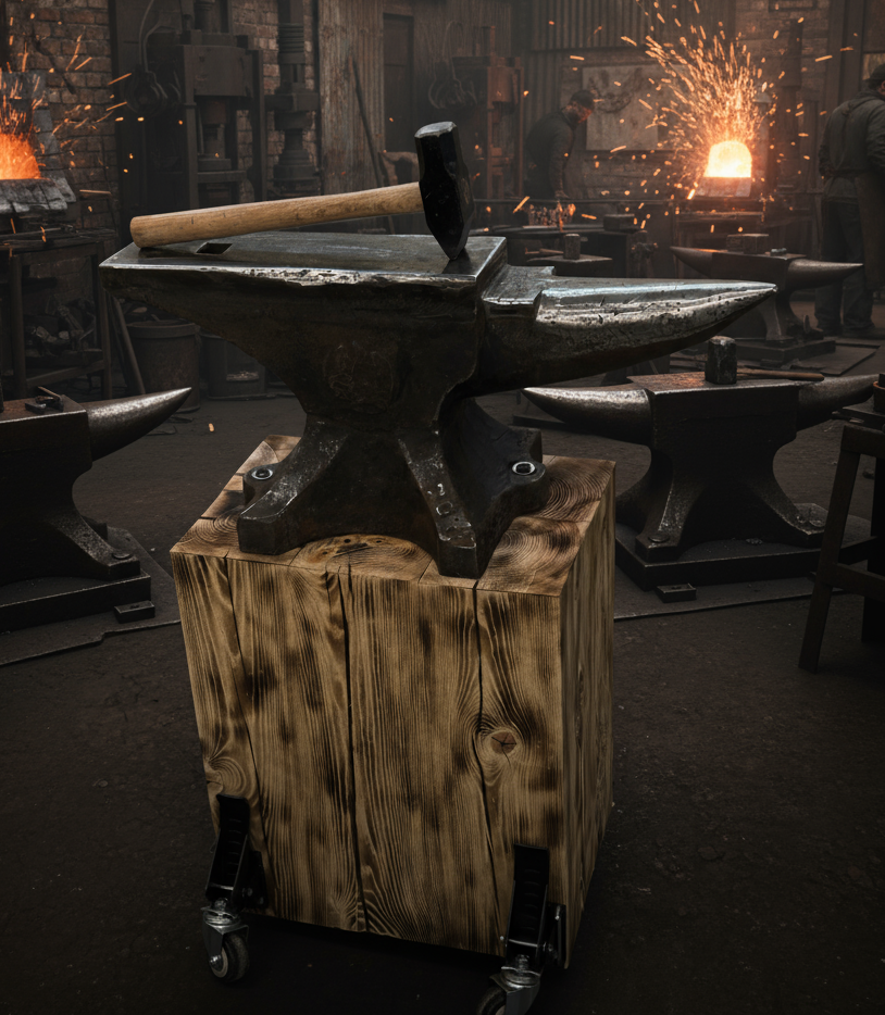 An anvil on a wooden stand in a blacksmith workshop with sparks flying from heated metal in the background.
