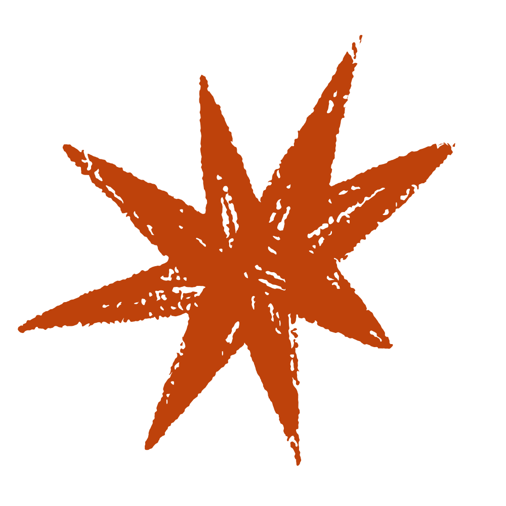 A stylized illustration of a starfish with brown coloration against a black background.