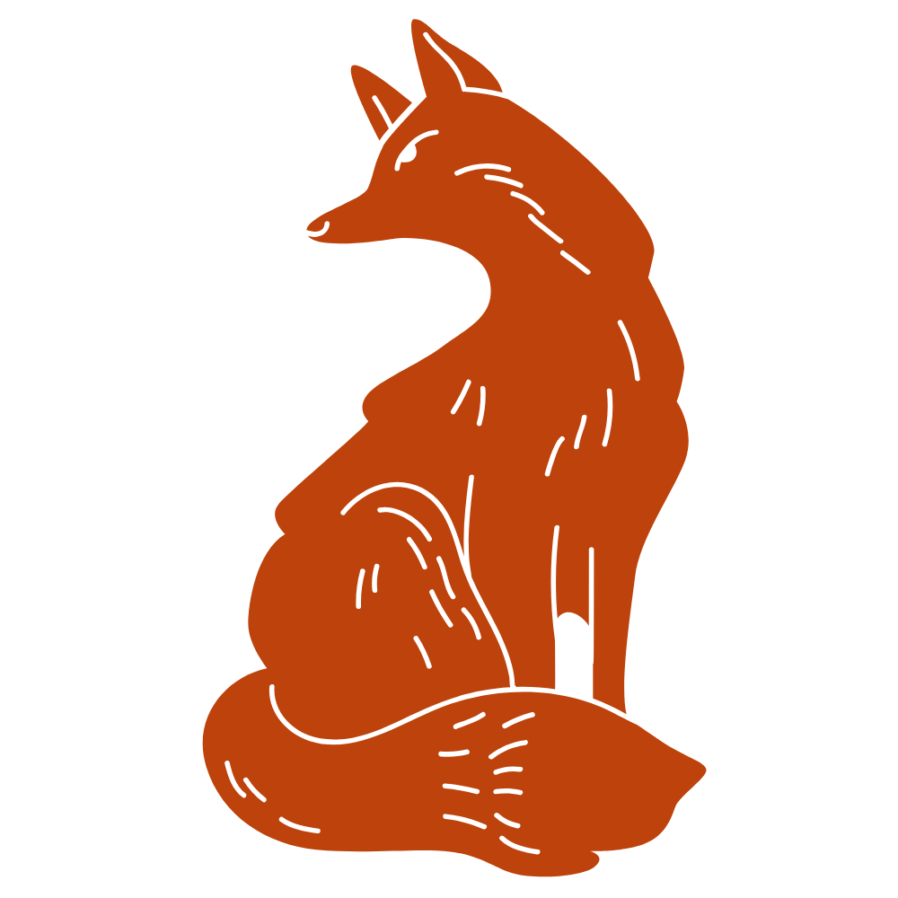 Illustration of a sitting fox with a rust-colored coat, facing left.