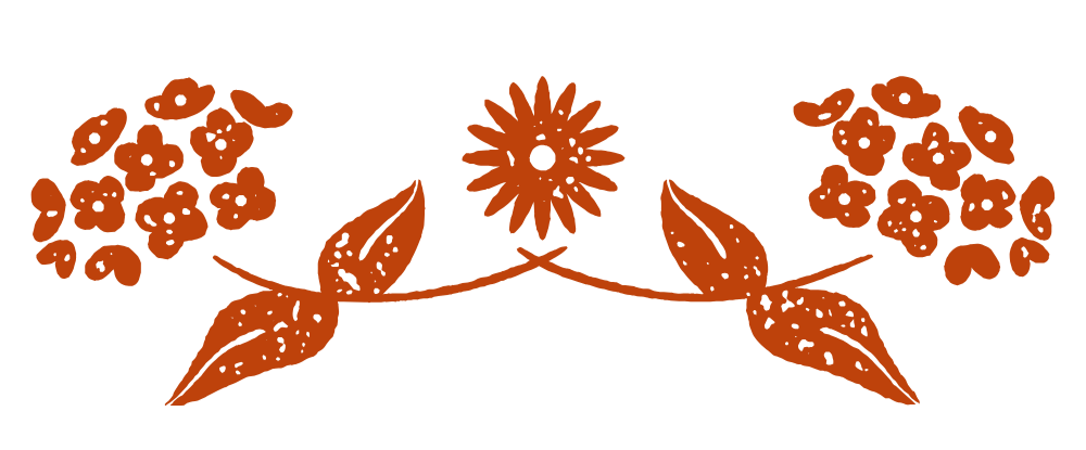 Decorative floral design with two clusters of small flowers, a central flower, and leaves connected by a curved stem in a brownish color.