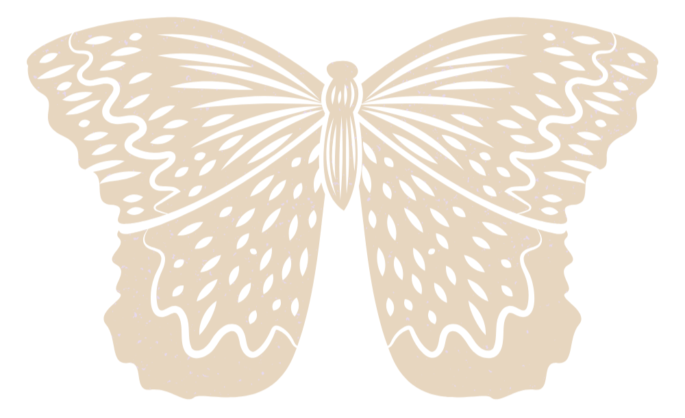 Illustration of a butterfly with beige and black patterned wings on a black background.