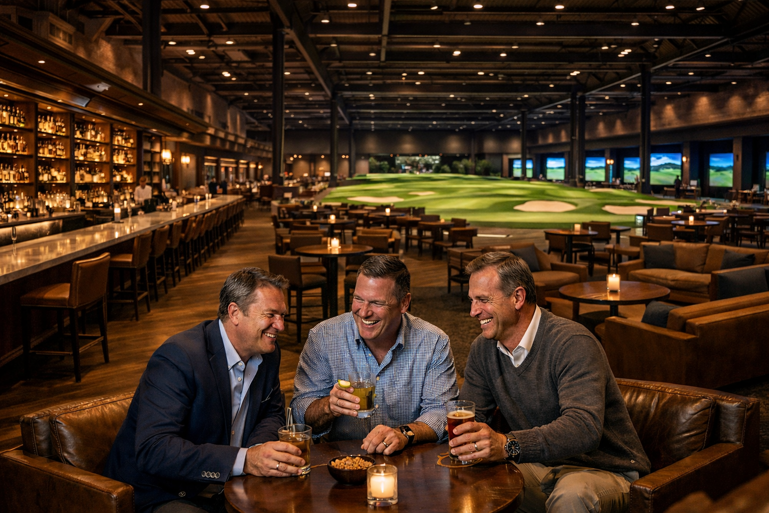 Three men in semi-formal attire sitting at a dark wood table in a dimly lit bar or lounge, smiling and enjoying drinks. Behind them, an indoor golf simulation room is visible with multiple screens displaying golf courses and a green with sand traps.