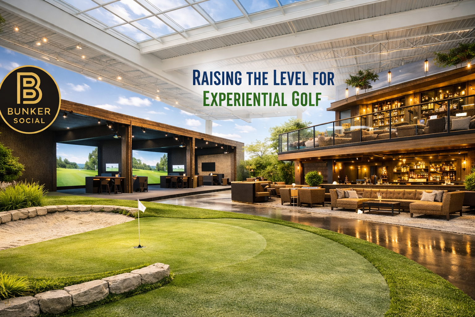 Indoor golf facility with a putting green, sand trap, and multiple screens showing a golf course. The space has a modern lounge area with couches, bar, and decor. Above, a semi-transparent roof allows natural light. The logo in the top left corner reads 'Bunker Social.'