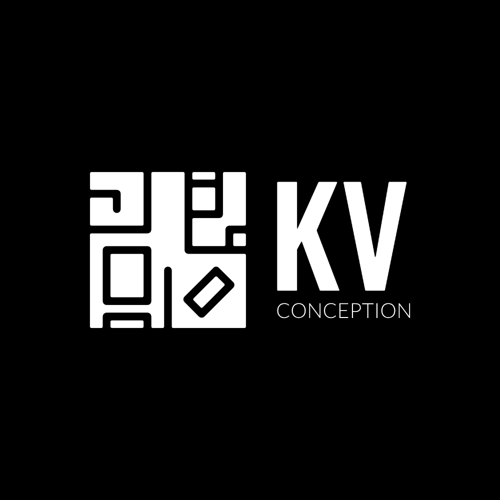 Logo blanc et noir avec un motif géométrique et les lettres KV CONCEPTION.