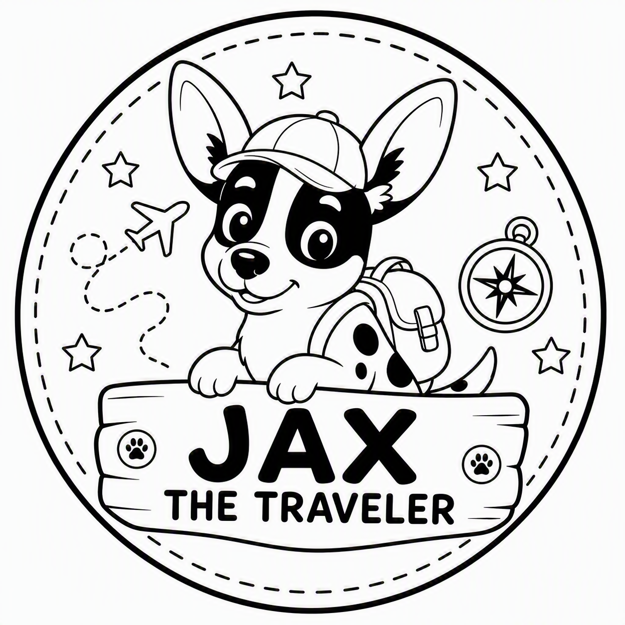 A cartoon illustration of a puppy with large ears, wearing a cap and a backpack, leaning on a wooden sign that says "JAX THE TRAVELER" with paw print symbols in the corners. The background features a plane, stars, a compass, and a dotted trail.