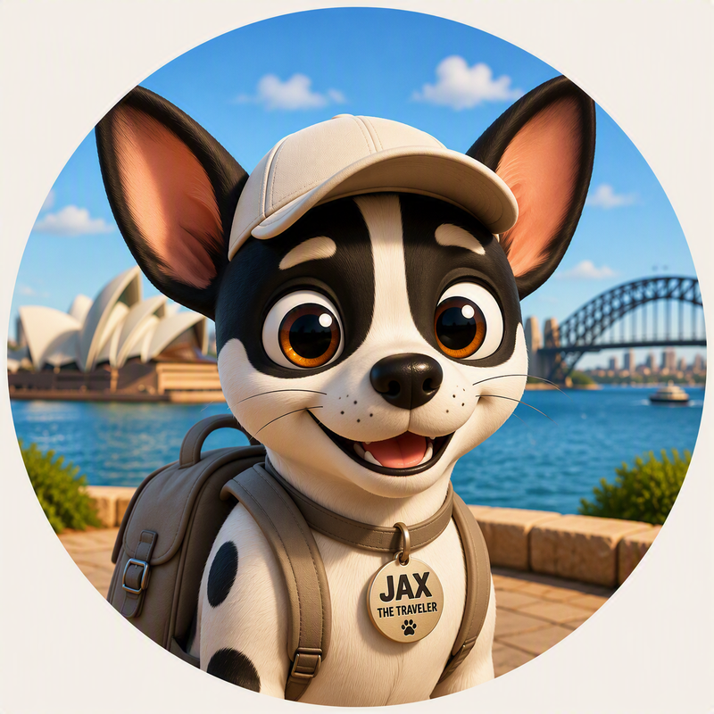 Animated dog, Jax The Traveler, with large eyes, wearing a beige cap and backpack, standing near water with the Sydney Opera House and Harbour Bridge in the background.