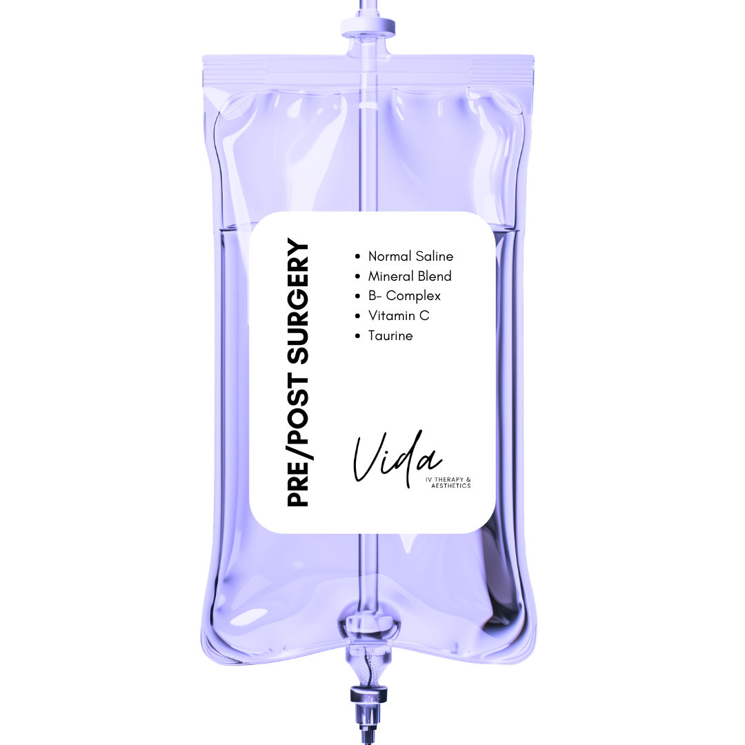 An IV bag labeled 'Pre/Post Surgery Vida IV Therapy & Aesthetics' with ingredients listed, including saline, amino blend, B-complex, B12, vitamin C, glutathione, taurine, and zinc.