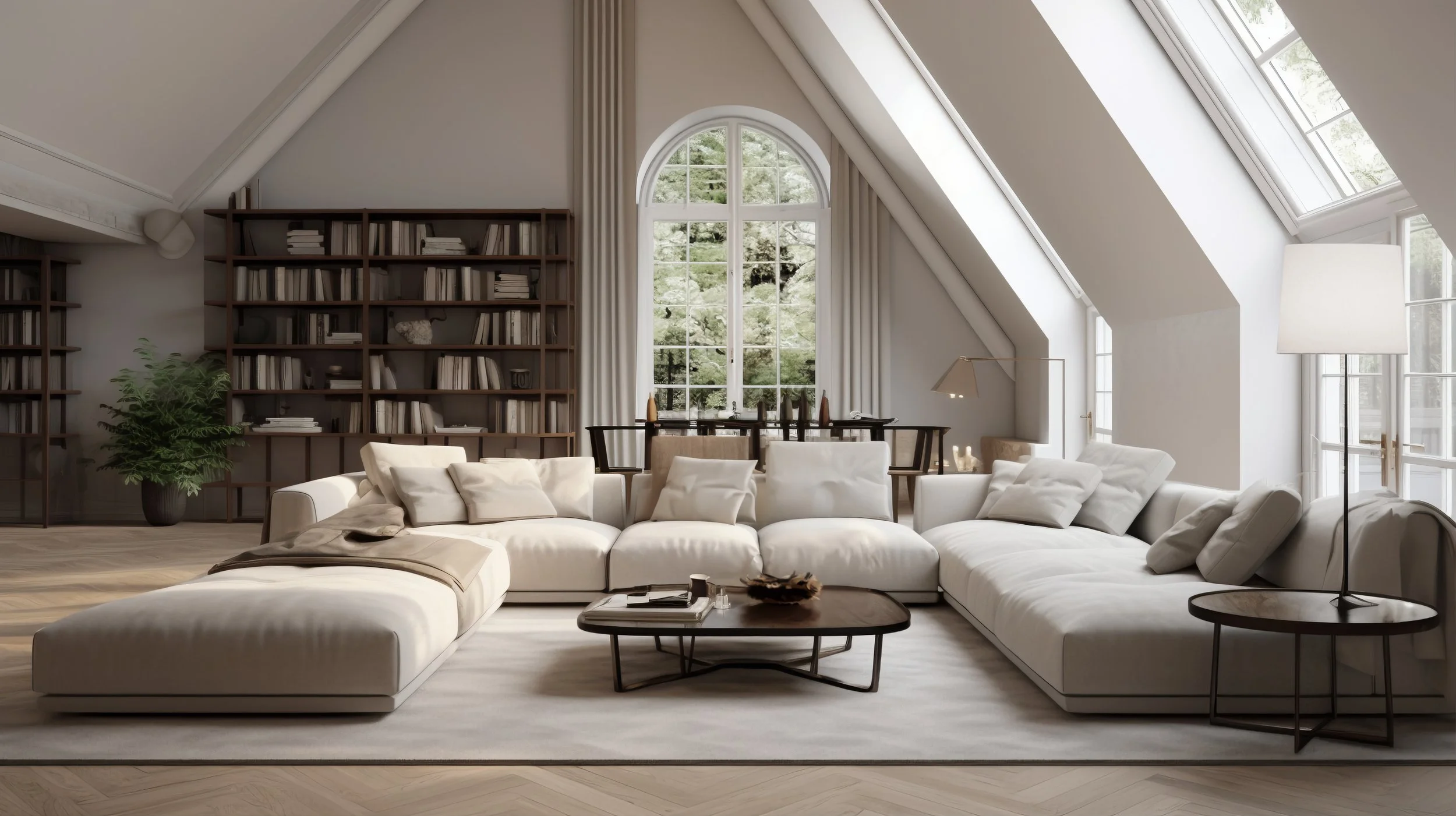 Bright living room with white sectional sofa, coffee table, large arched window, bookshelves, and natural light.