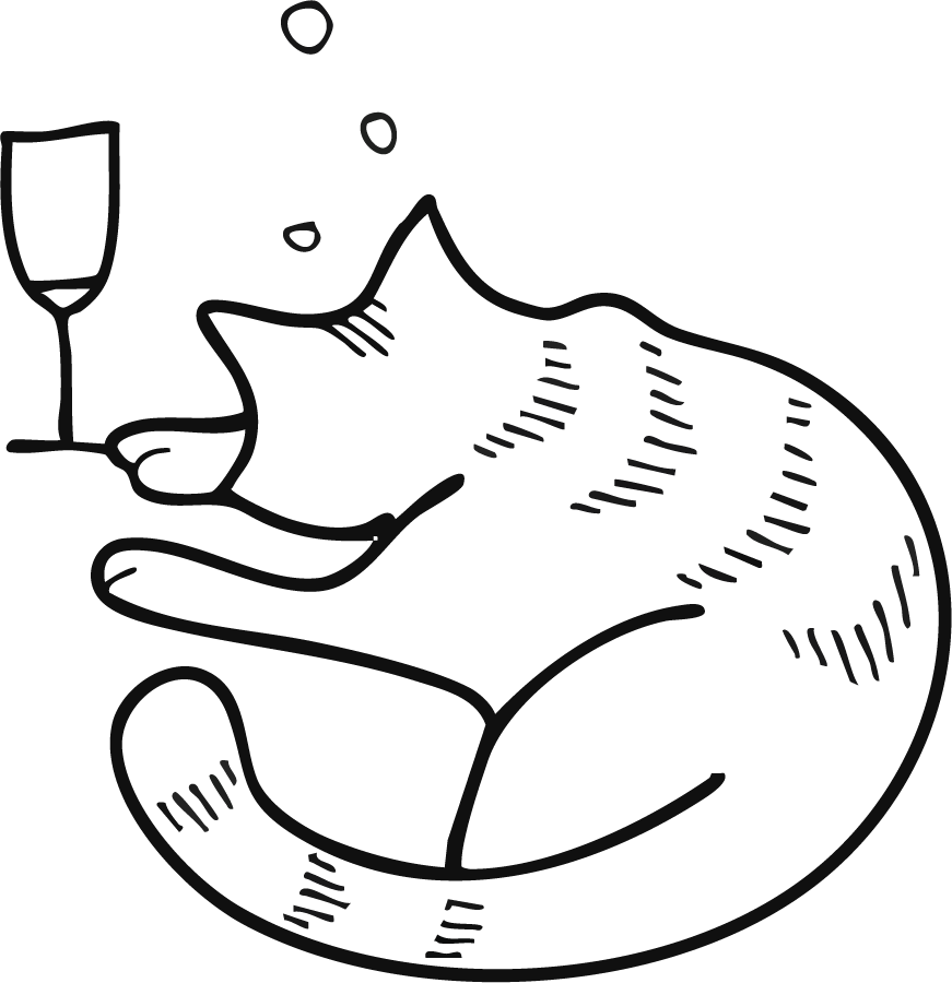Outline drawing of a cat sleeping on a cushion, with a glass of champagne nearby.