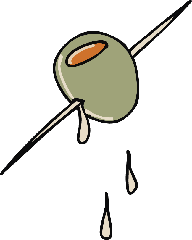 A cartoon drawing of a green olive with a pimento, pierced by a toothpick, with drops falling from it on a black background.