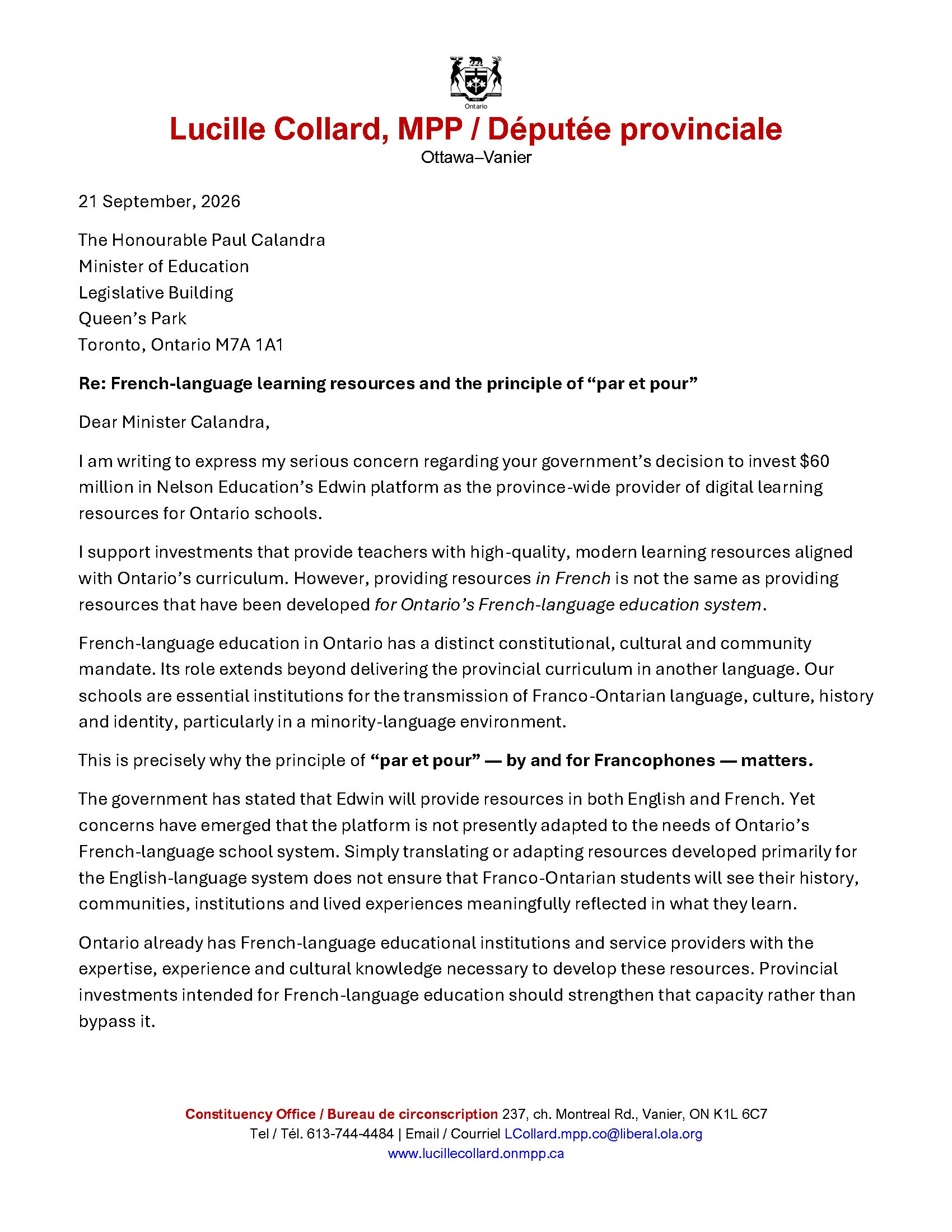 Letter to the Minister of Education: The "By and For" Principle Must Guide Government Investments