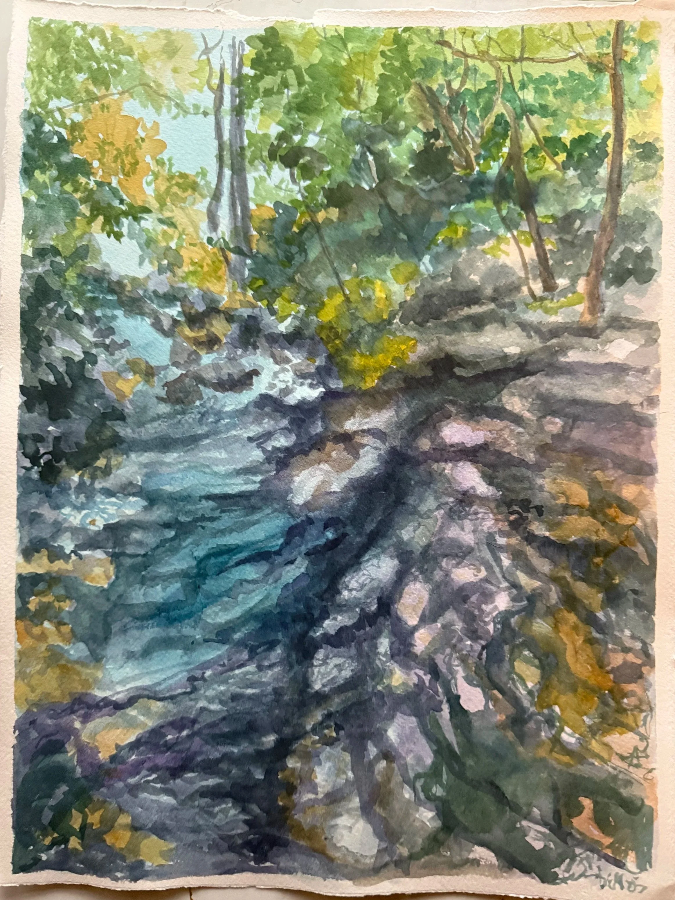Watercolor painting of a forest stream with rocks and lush green trees, sunlight filtering through the leaves.