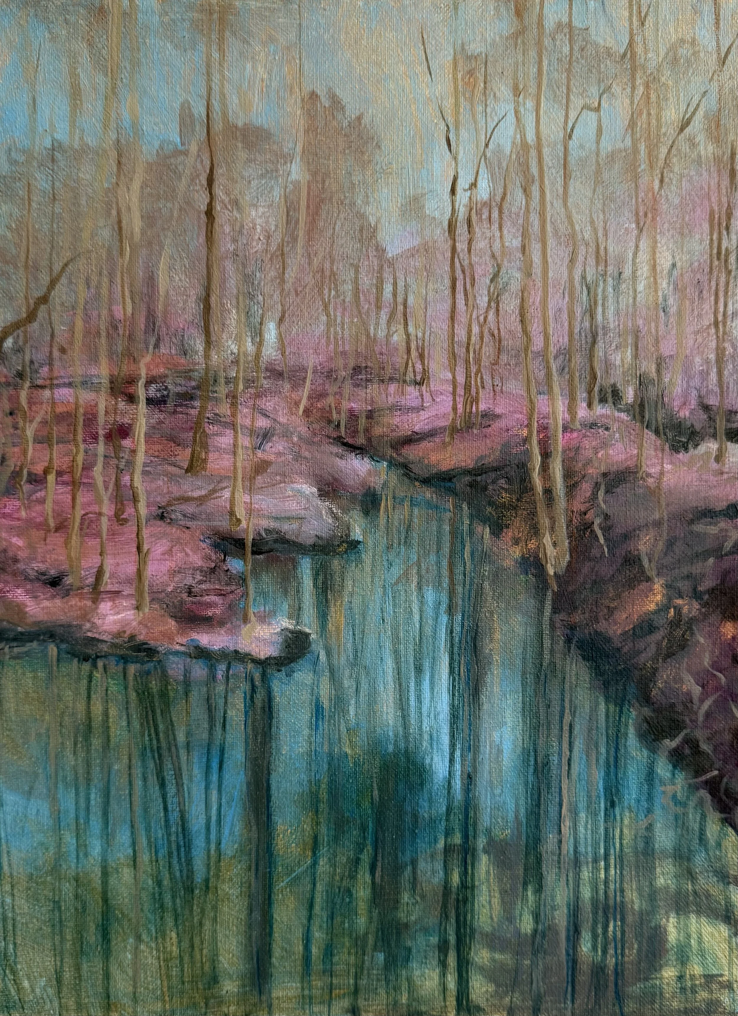 An impressionist painting of a forest with pink and purple foliage and a small stream running through it.