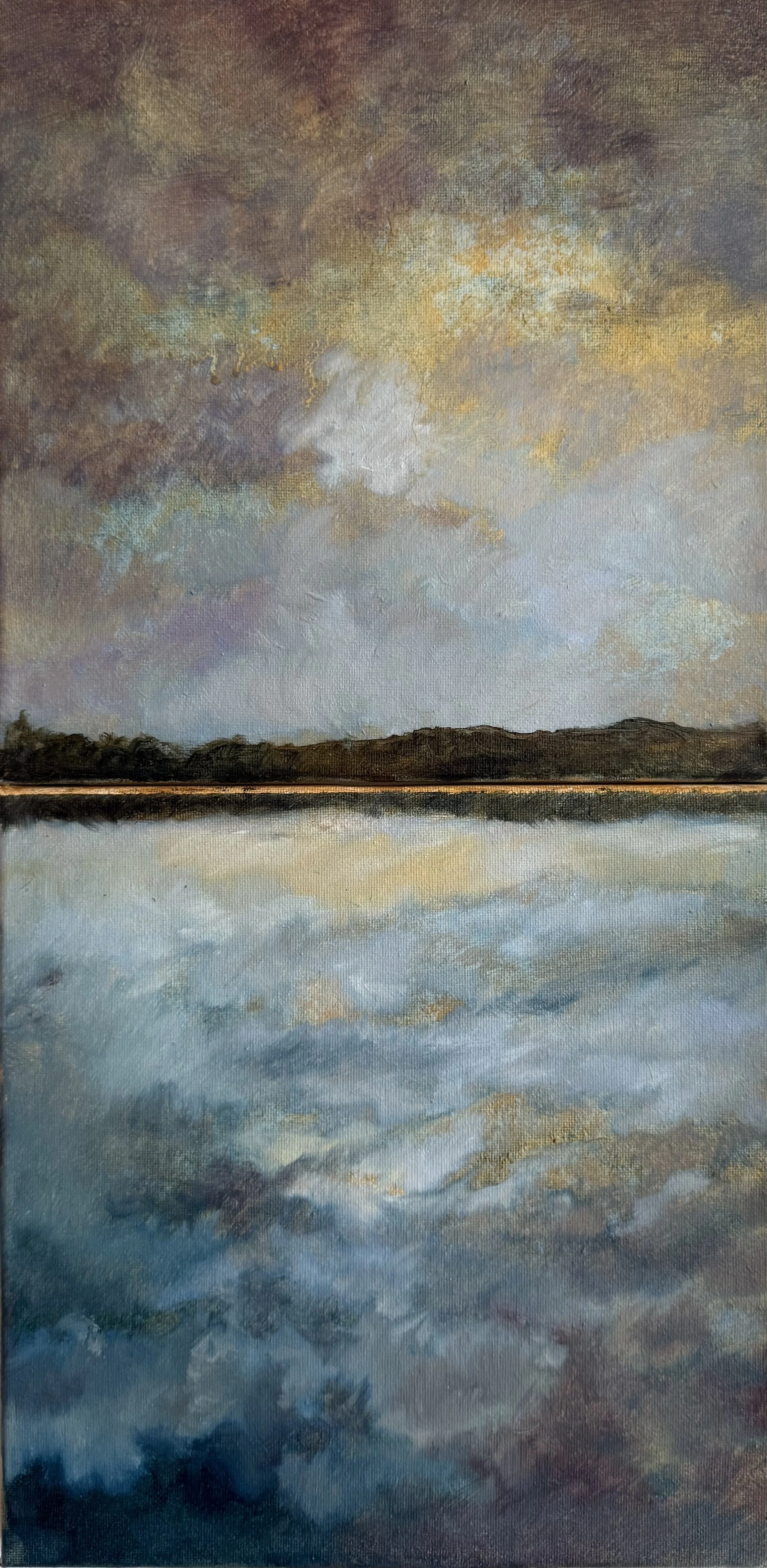 A landscape painting of a calm body of water reflecting a cloudy sky with shades of yellow, orange, beige, gray, and blue, with distant dark green hills along the horizon.