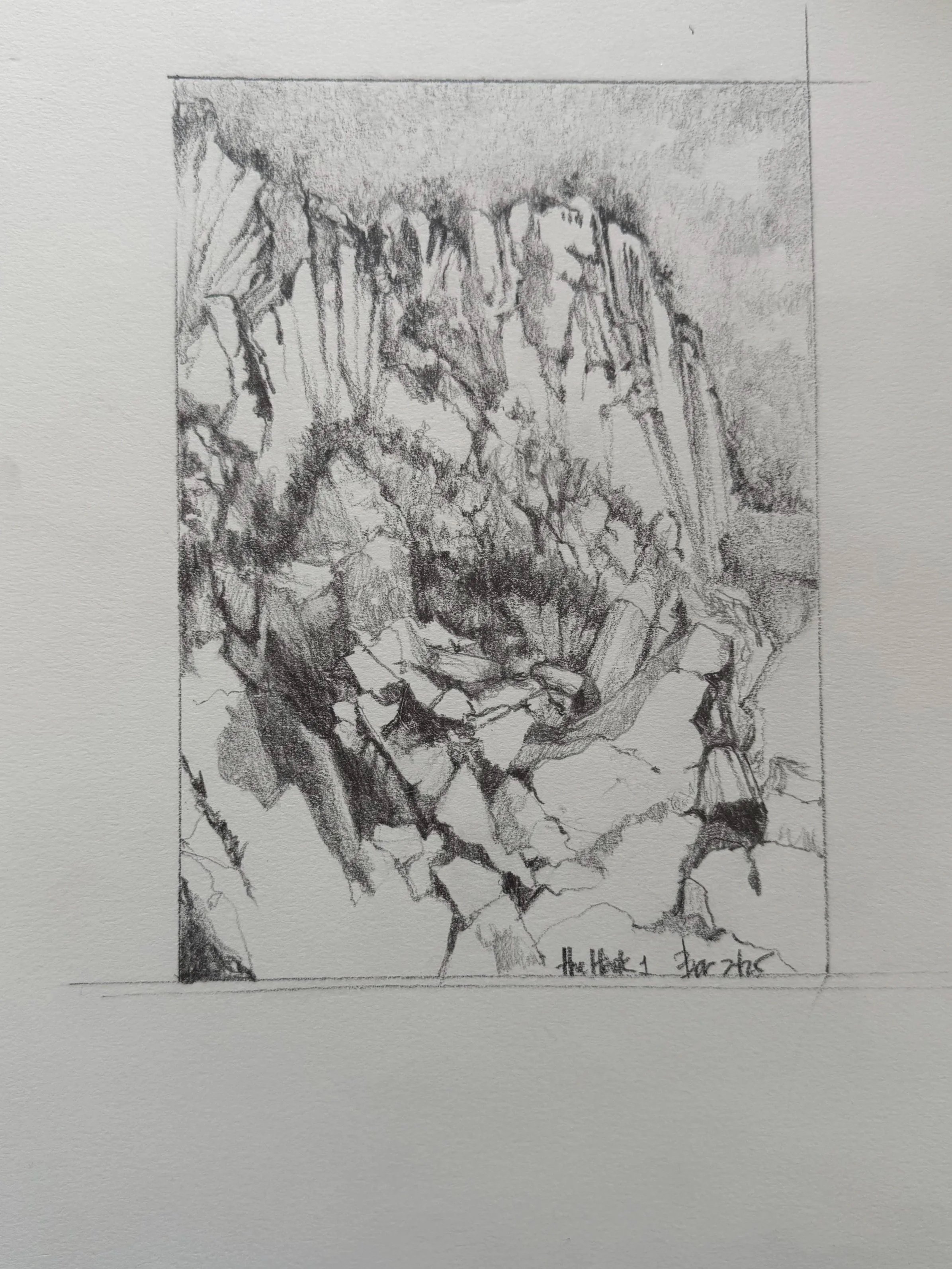 A detailed pencil sketch of a landscape featuring tall, rugged mountains in the background, a rocky terrain in the foreground, and a small figure standing near the rocks. The drawing includes shading to depict depth and texture, with a signature or inscription at the bottom.