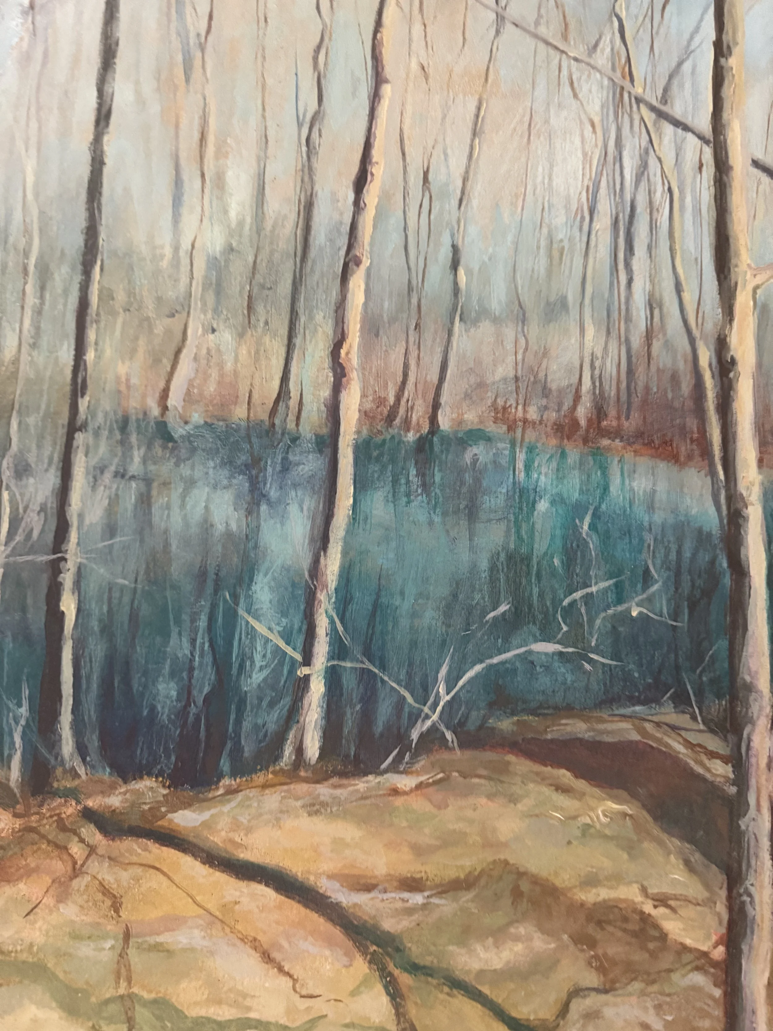 A landscape painting of a forest scene with bare trees and a body of blue water, with a dirt path in the foreground.