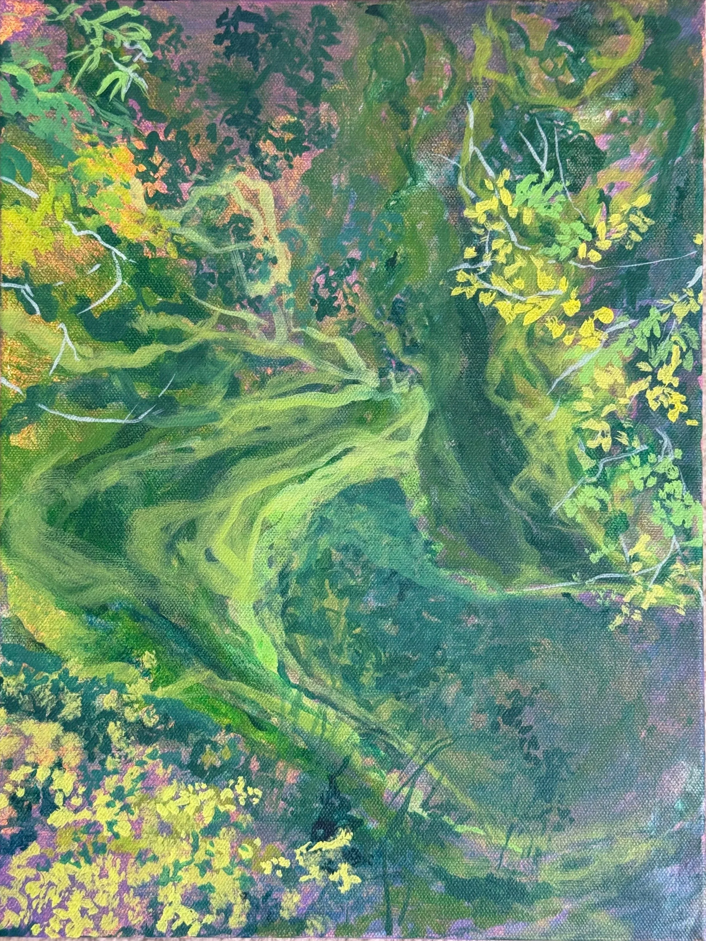 Green and yellow pond in summer Beverly Miller acrylic painting