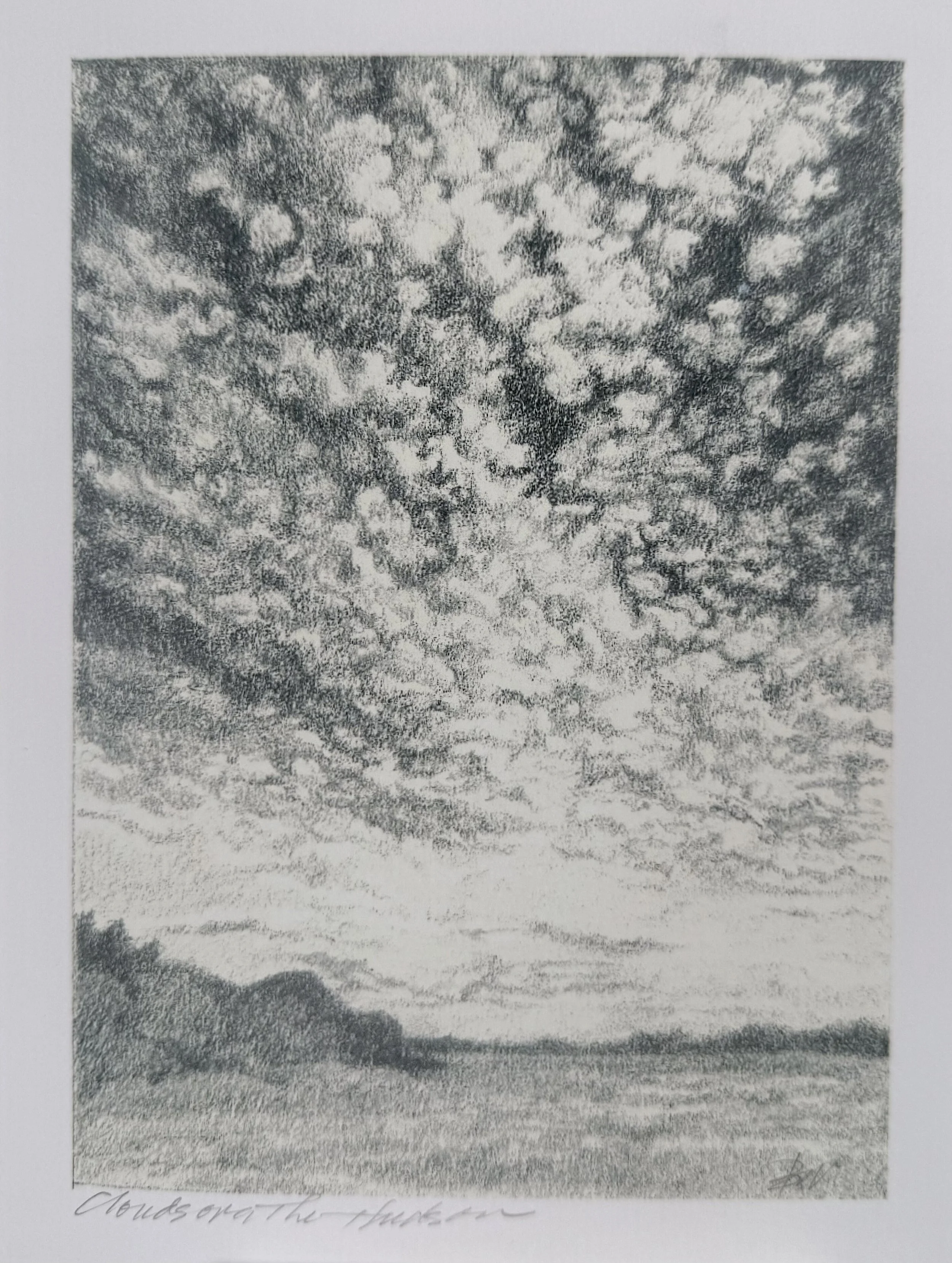A pencil drawing of a sky filled with numerous clouds over a horizon with a distant landscape.