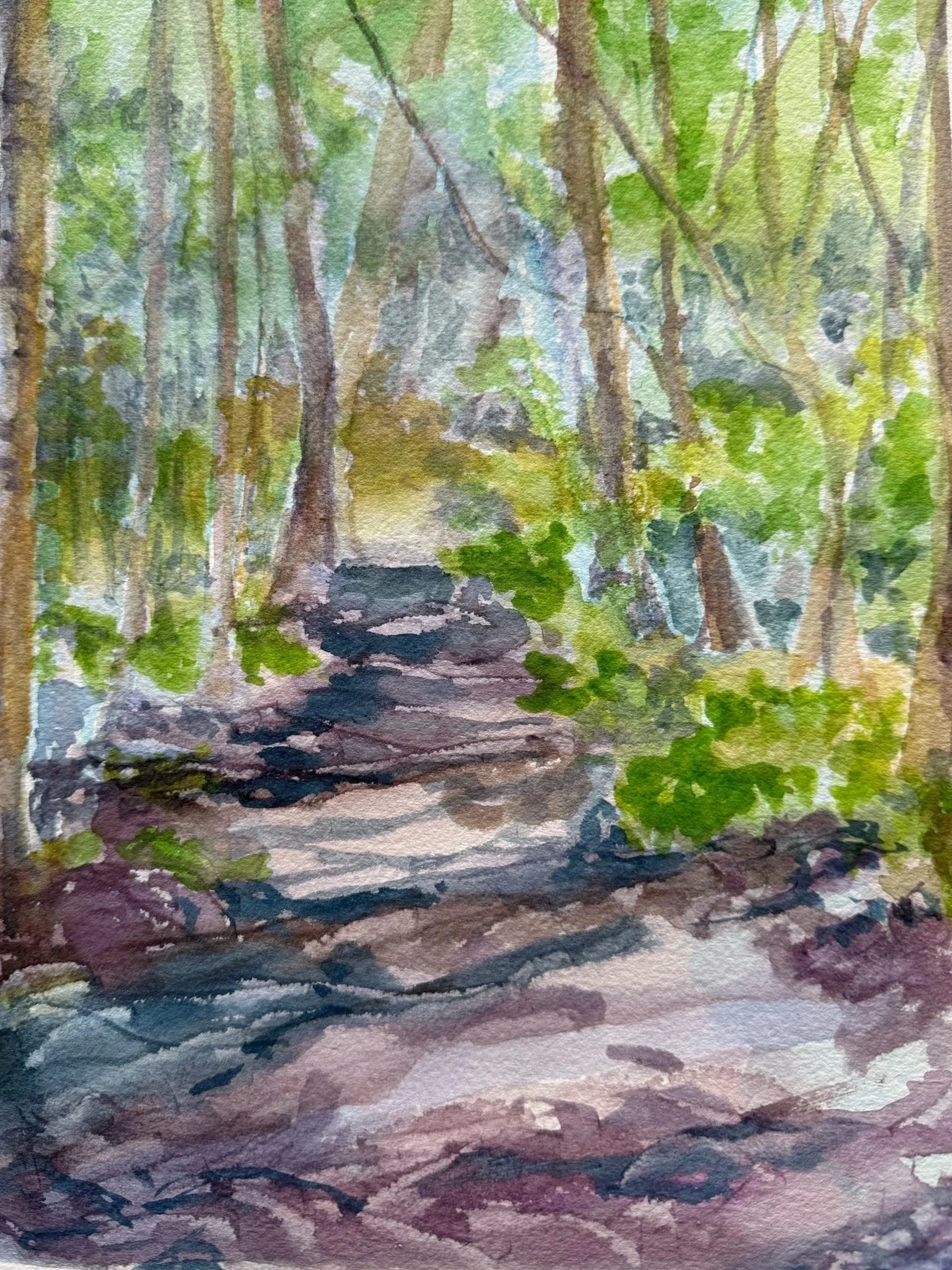 Watercolor painting of a forest trail with trees and greenery, with sunlight filtering through the leaves.