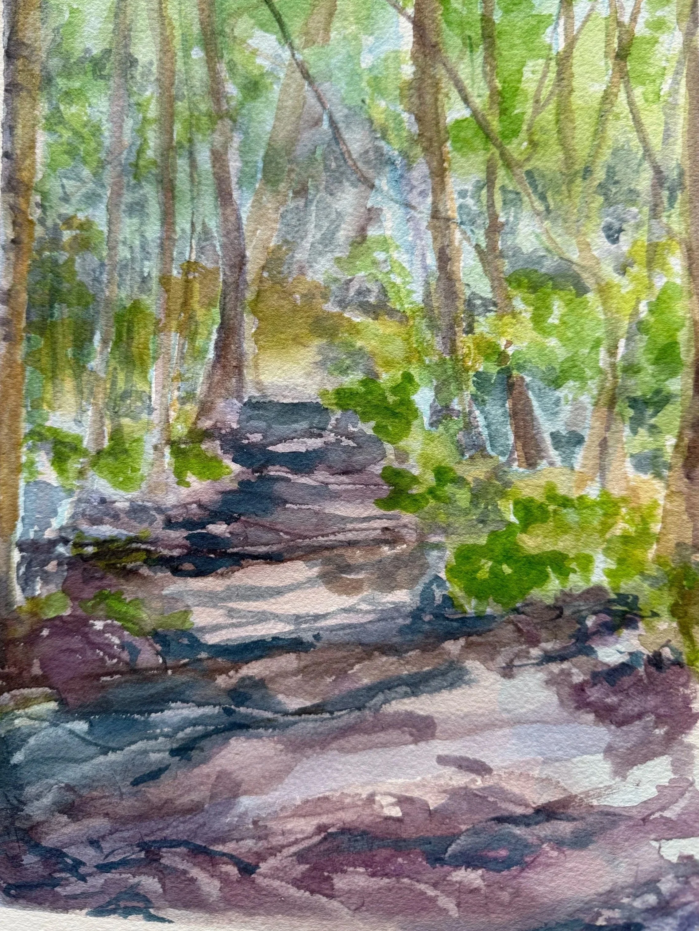 A watercolor painting of a forest scene with a dirt pathway leading into the woods, surrounded by green trees and foliage.