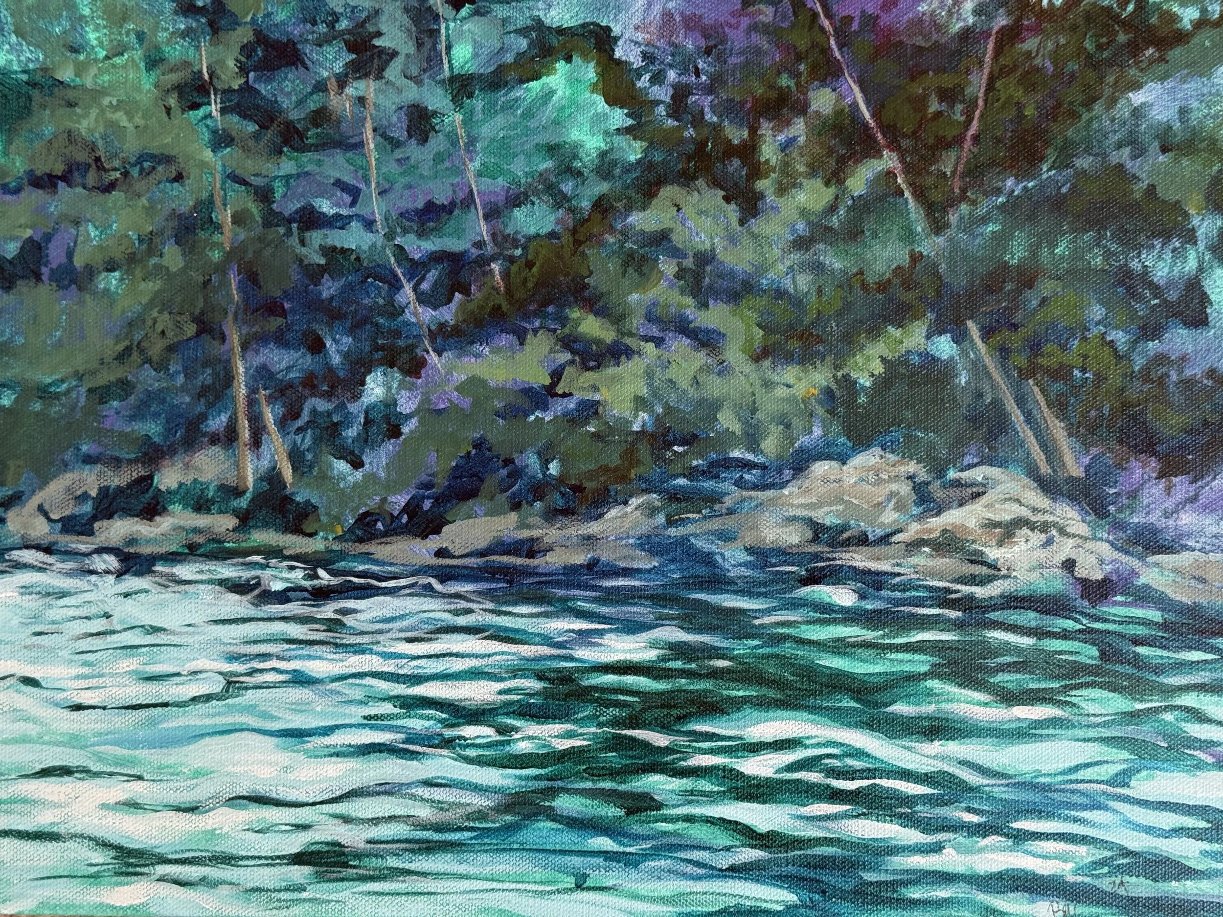 A watercolor painting of a river with flowing water in the foreground and dense trees and bushes on the riverbank in the background. The scene is vibrant with shades of green, blue, and purple.
