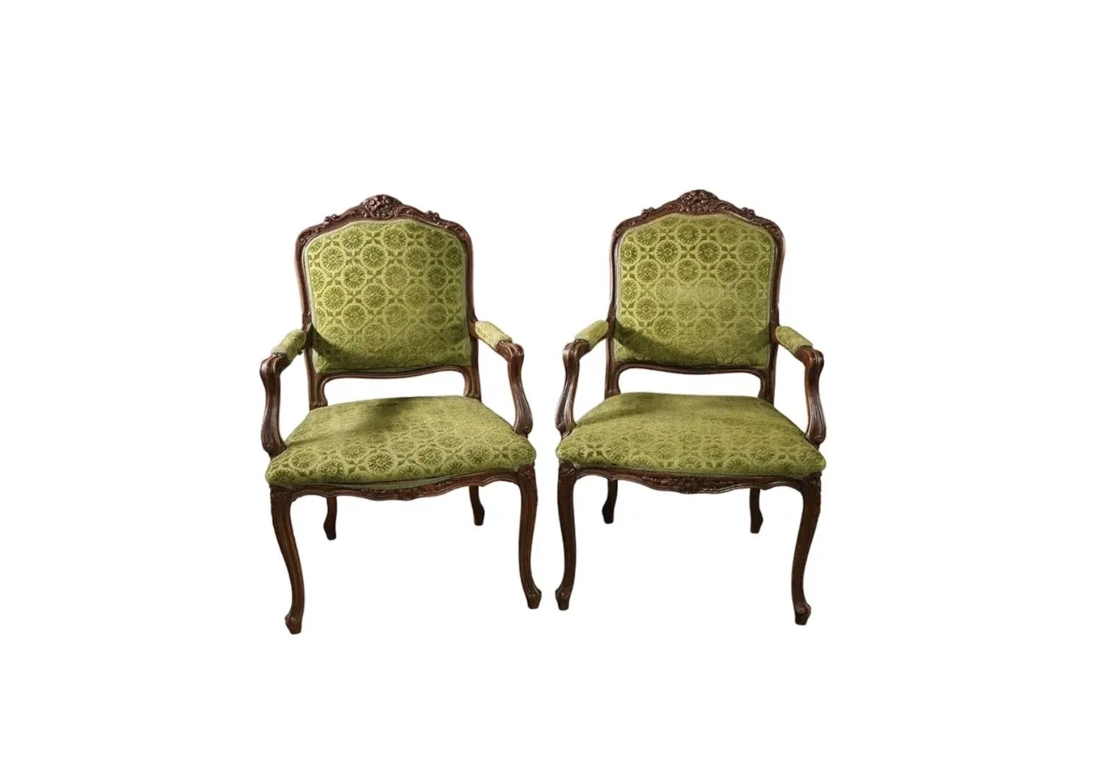 Pair of Louis XV French Provincial Kelly Green Velvet Arm Chairs
