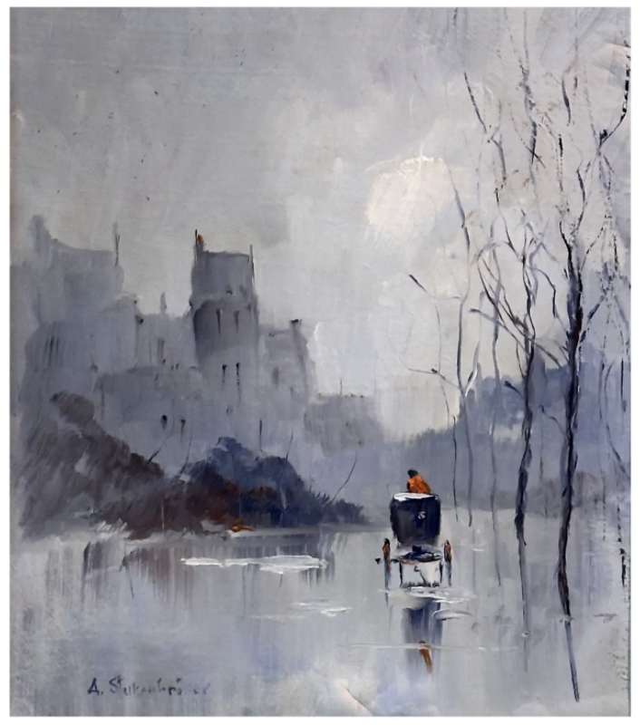 Mid Century Swedish Cityscape Oil Painting by A. Stukenbroker