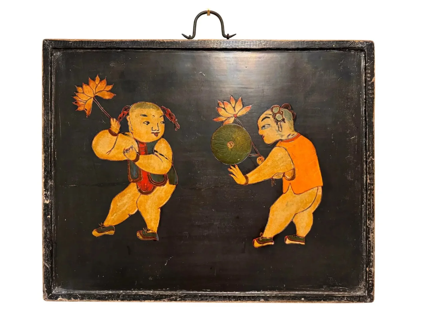 Antique Chinese Oil Painting on Black Lacquered Board