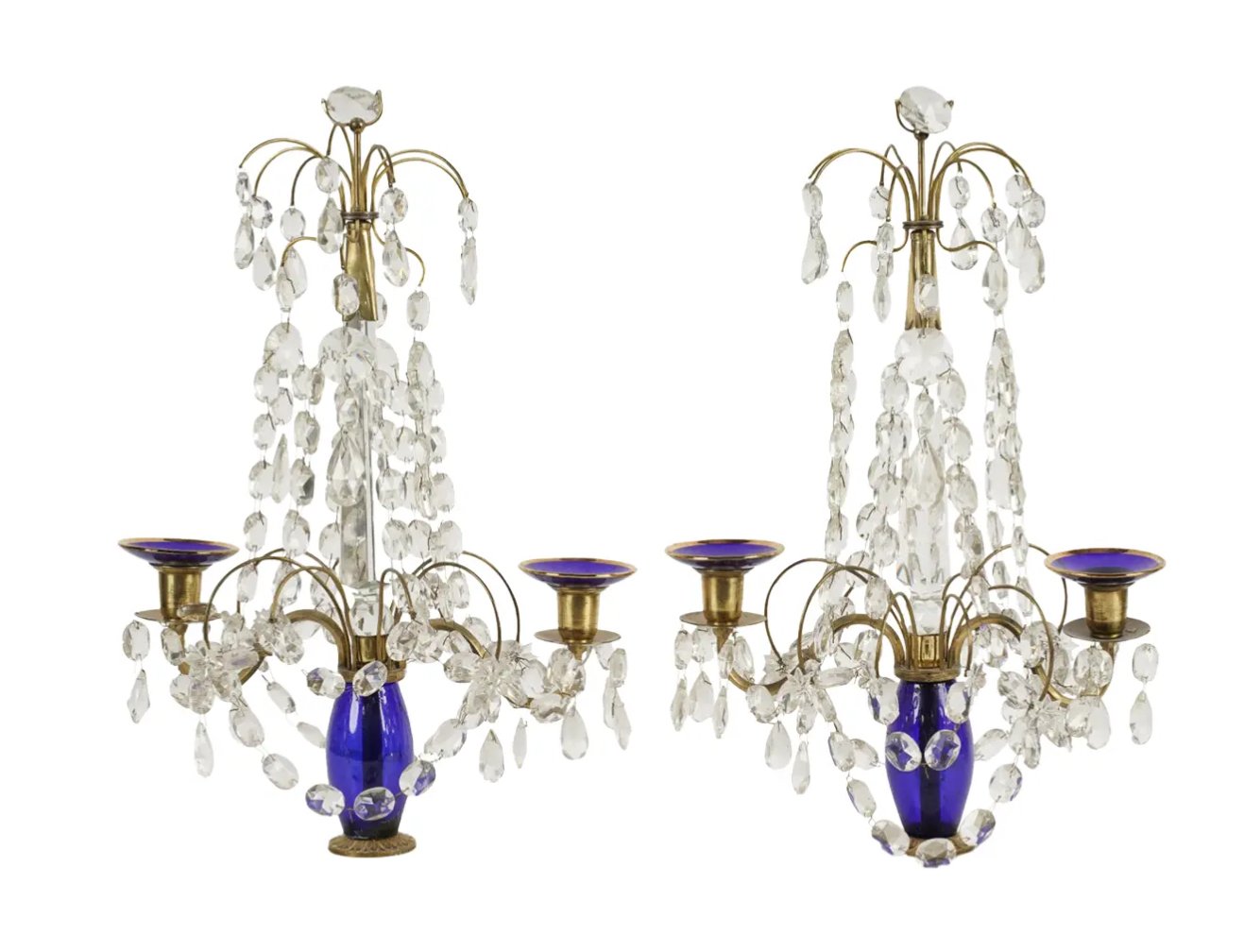 Pair of Antique Gilt Bronze Crystal & Cobalt Glass Two Light Girandoles