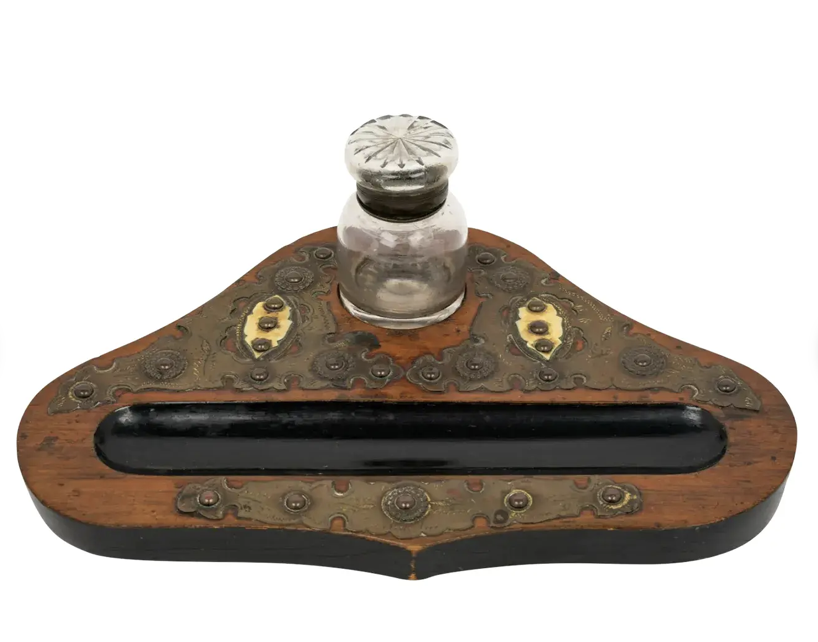 Antique Napoleon III Walnut Brass & Cut Crystal Inkwell
