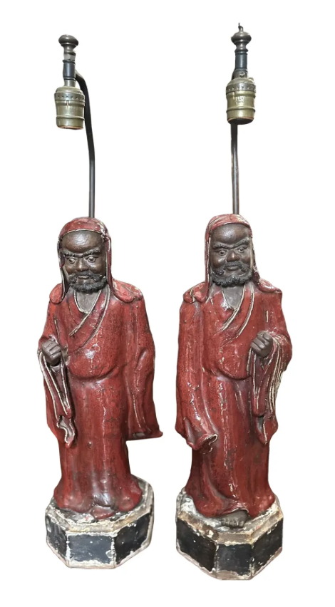 Antique Chinese Shiwan Ware Pottery Statue Lamps - a Pair