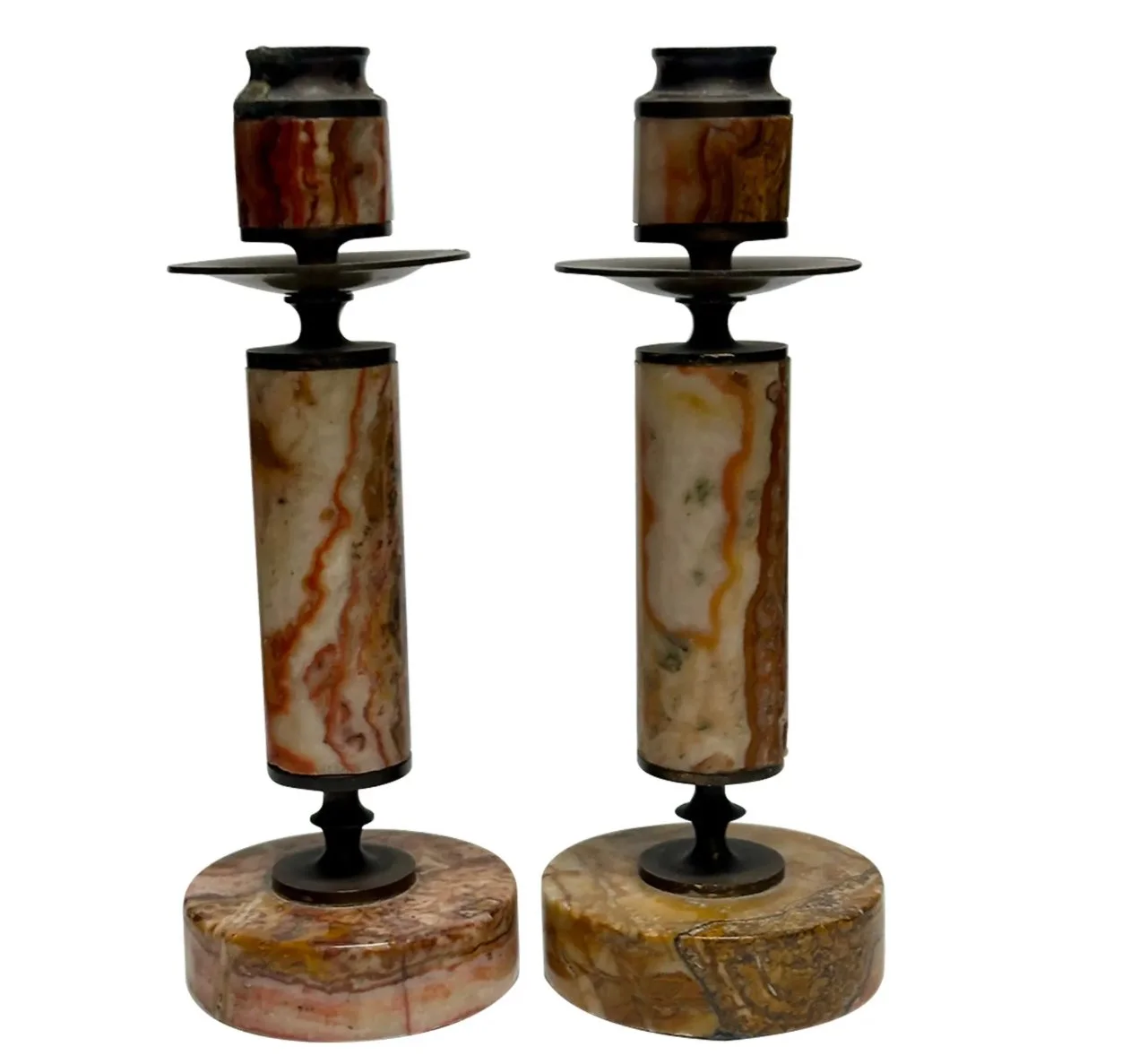 Pair of Antique Sienna Marble & Bronze Candlesticks