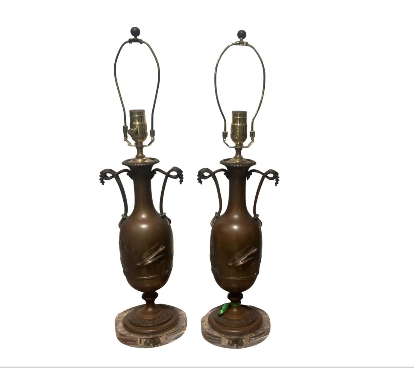 Pair of Antique Art Nouveau Bronze Lamps on Lucite Bases