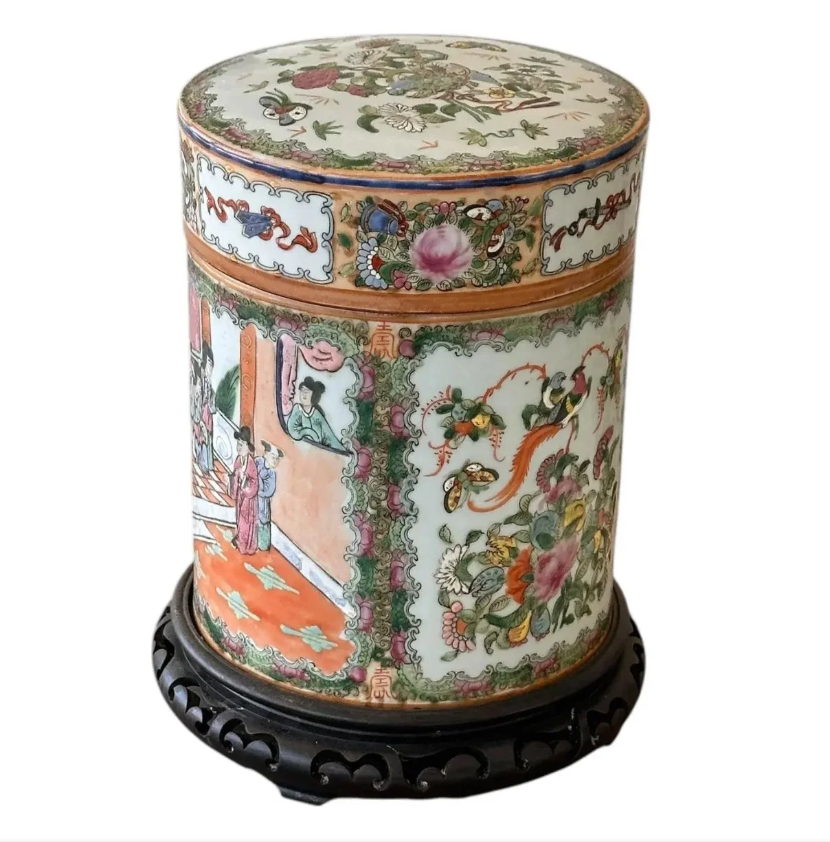 Unusual Vintage Chinese Famille Rose Lidded Canister Jar on a Wood Base