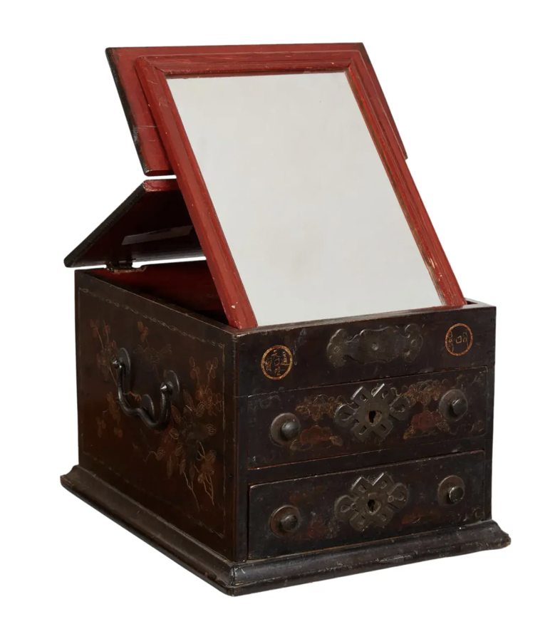 Antique Chinese Black Chinoiserie & Red Lacquer Mirrored Vanity Box