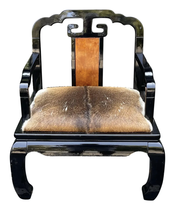 Vintage Chinese Ming Style Black Lacquer & Cowhide Arm Chair