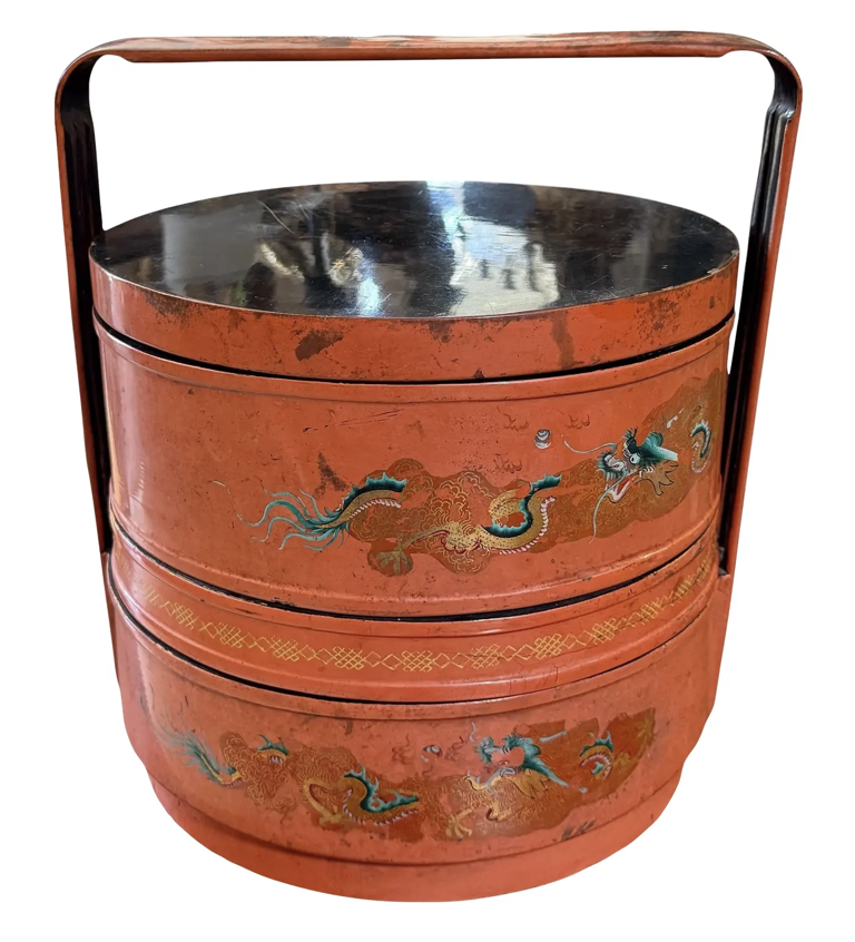 Antique Japanese Orange Lacquer Picnic Basket Box