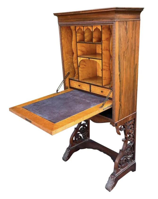 Antique Upright Rosewood Mirrored Secretary W Birds Eye Maple Interior