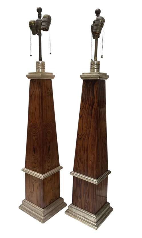 Pair of Art Deco Style White Gold & Mahogany Obelisk Table Lamps