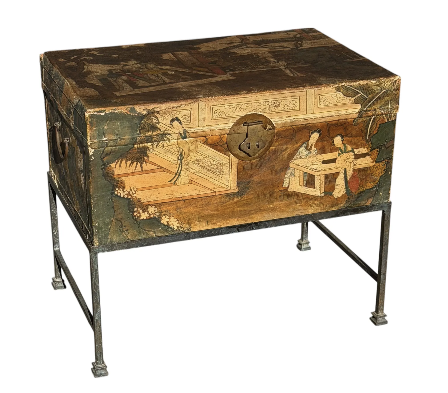 Antique Chinese Polychrome Pigskin Box Chest on Stand